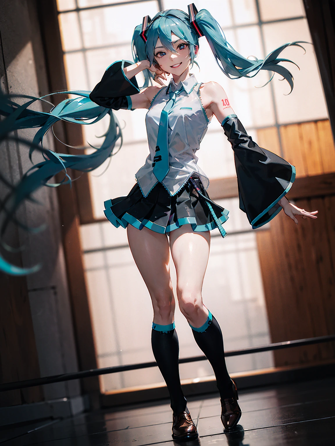 masterpiece, ( Hatsune Miku ),  white shirt,  blue tie, Bare shoulders,  twin tails、 separation sleeve,  Immersed in an evil smiley face, Dark Skin,  red eyes,  dark eyes, Orange pupil,Thighs, black high socks wearing brown leather shoes 