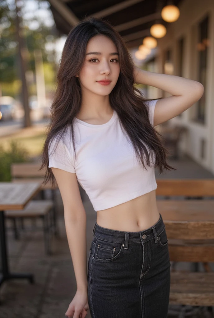 Gay Girl Long Hair Natural Brunette Unleashed, slender,  medium breasts,  Smirk,  wearing a white round neck T-shirt with short sleeves,  Short black pencil denim skirt  , Random pose ,Standing posture,  Moonlight , Morning Light  , Cafe location 