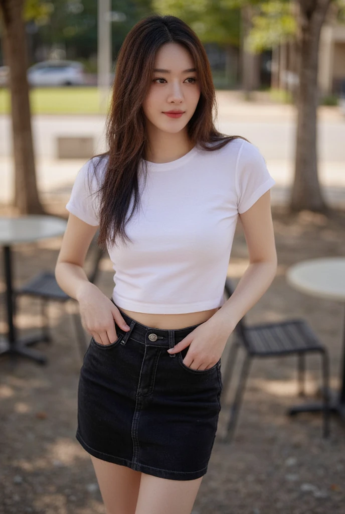 gay girl long hair natural brunette, slender,  medium breasts,  Smirk,  wearing a white round neck T-shirt with short sleeves,  Short black pencil denim skirt  , Random pose ,Standing posture,  Moonlight , Morning Light  , Cafe location 