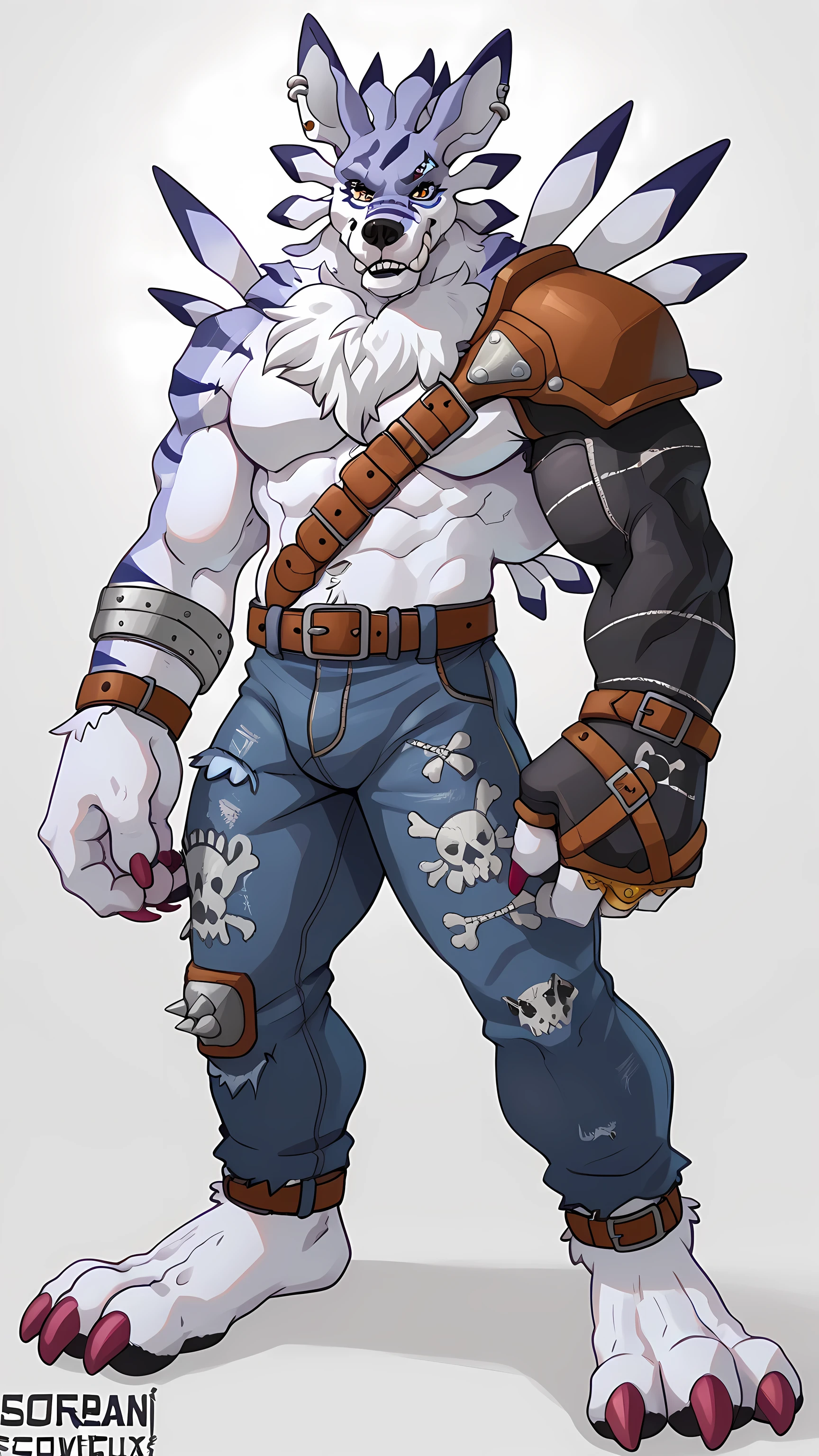 weregarurumon, male, solo, simple background, detailed, full body, (very heavyweight, muscular, very muscular, very bulging arms, very bulging muscles):1.5, bare feet, very big feet, big head, jeans, standing, belt, shoulder pad, sleeve, strap over chest, by soraawolf