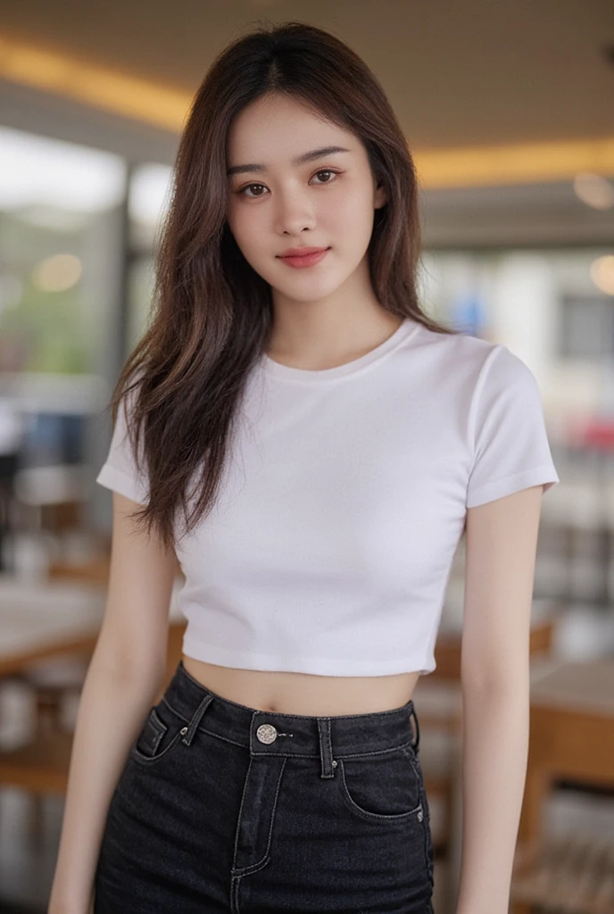 gay girl long hair natural brunette straight, slender,  medium breasts,  Smirk,  wearing a white round neck T-shirt with short sleeves,  Short black pencil denim skirt  , Random pose ,Standing posture,  Moonlight , Place in the cafe 