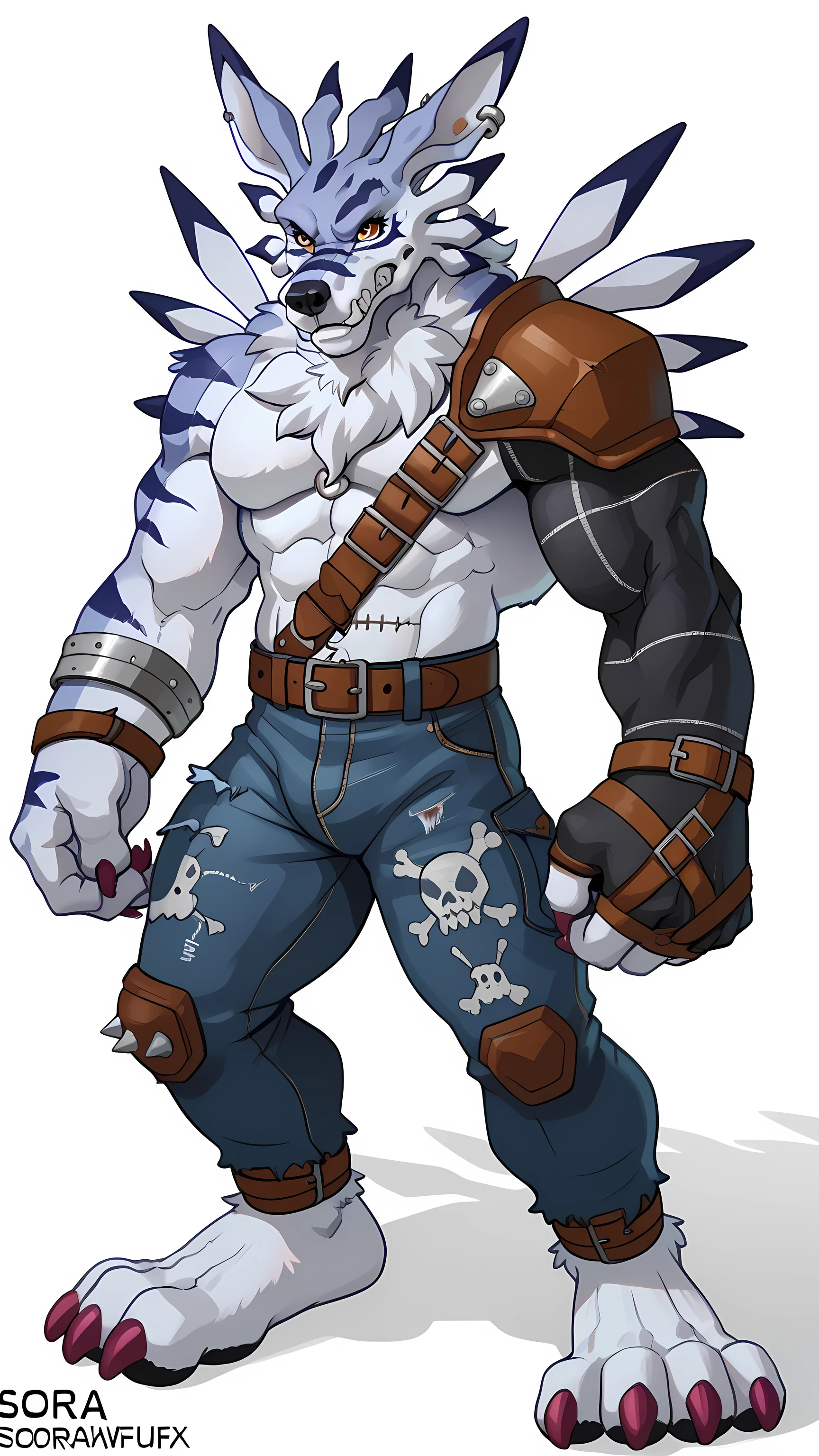 weregarurumon, male, solo, simple background, detailed, full body, (very heavyweight, muscular, very muscular, very bulging arms, very bulging muscles):1.5, bare feet, very big feet, big head, jeans, standing, belt, shoulder pad, sleeve, strap over chest, by soraawolf