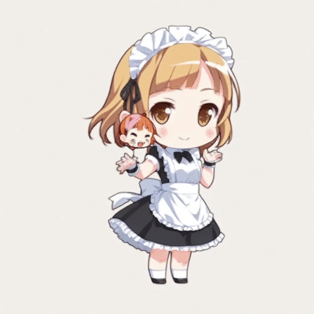 1girl, solo, chibi-dol, standing, full body, yuki mio, maid dress, Smooth edges, sharpness,simple background