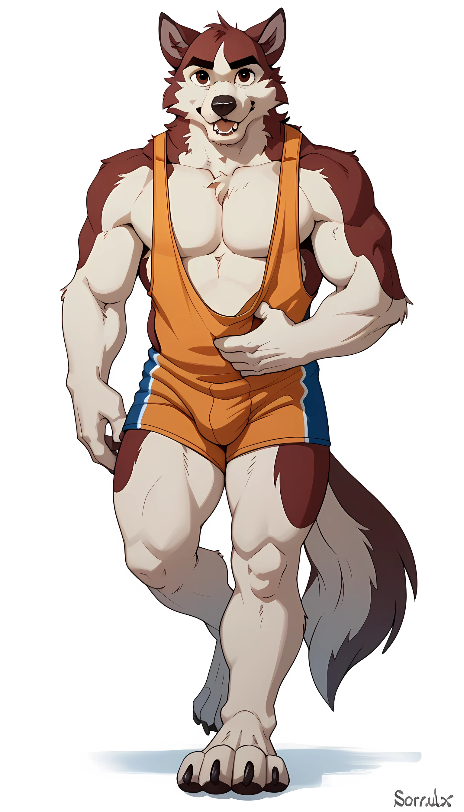 kodiak, husky, solo, detailed, detailed face, detailed eyes, anthro body, male, (***** adult), (muscular, athletic), cartoon shading, (((flat colors))), wearing wrestling singlet, (no background, white background):1.5, shirtless, looking at viewer, full view, full body, thighs, calves, by soraawolf