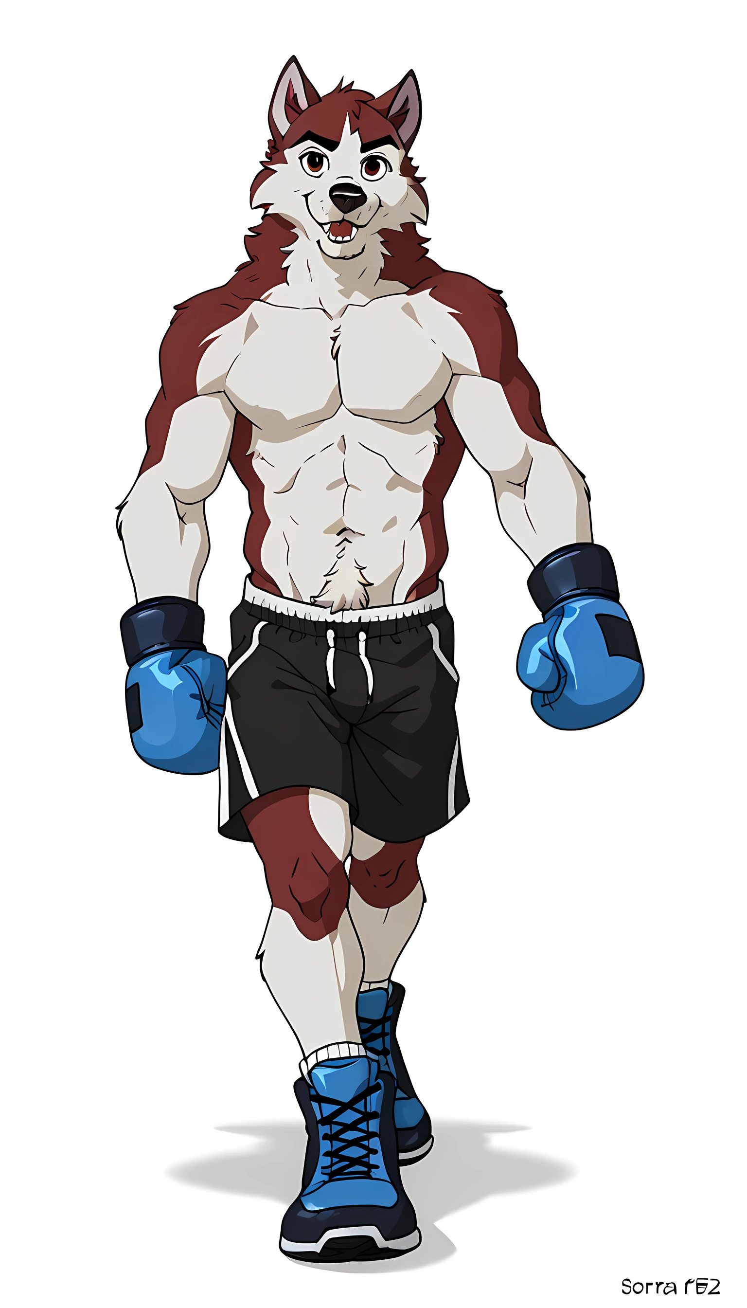 kodiak, husky, solo, detailed, detailed face, detailed eyes, anthro body, male, (***** adult), (muscular, athletic), cartoon shading, (((flat colors))), wearing boxing gloves, wearing boxing shorts, (no background, white background):1.5, shirtless, wfa style, looking at viewer, full view, full body, thighs, walking towards viewer, walking, by soraawolf