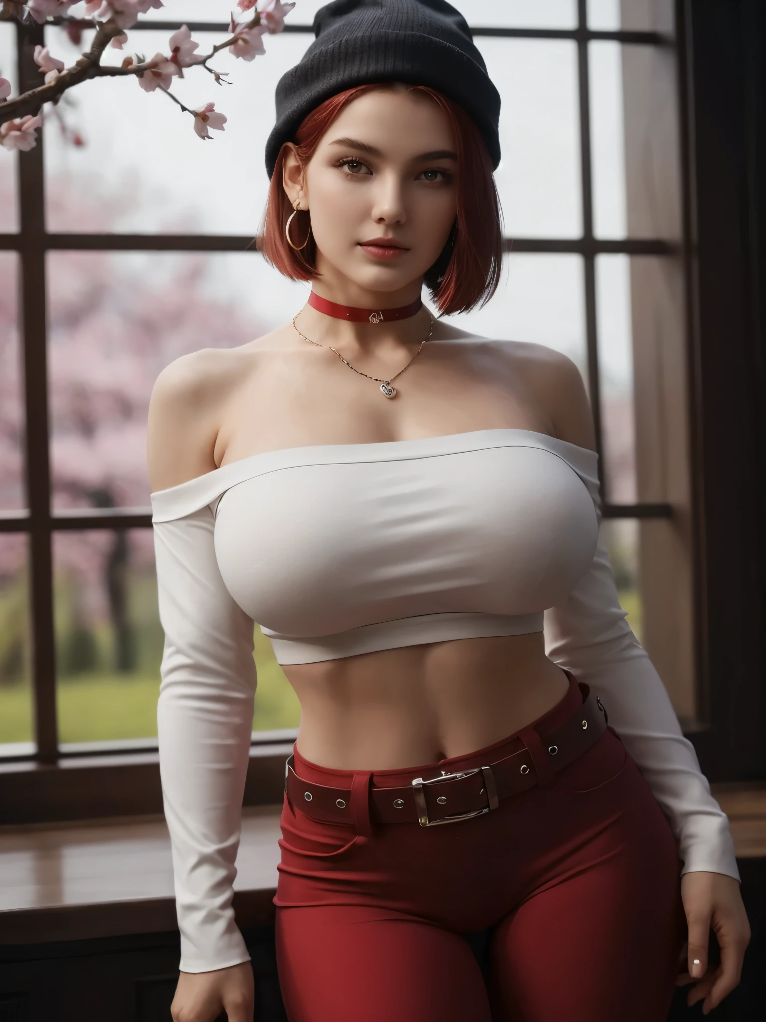 (best_quality, masterpiece:1.2), (highly detailed), (4k, 8k, uhd, high_resolution, highres), girl, long sleeve off-shoulder crop top, shoulder, clavicle, huge breasts, navel, fit pants, oppulent belt, beanie, long hair, looking at viewer, necklace, earring, window-plantations, top quality, masterpiece, beauty, nature, sophisticated, sexy, perfect, red hair, bob cut, stylish, red sexy underwear, red choker, cherry blossoms,