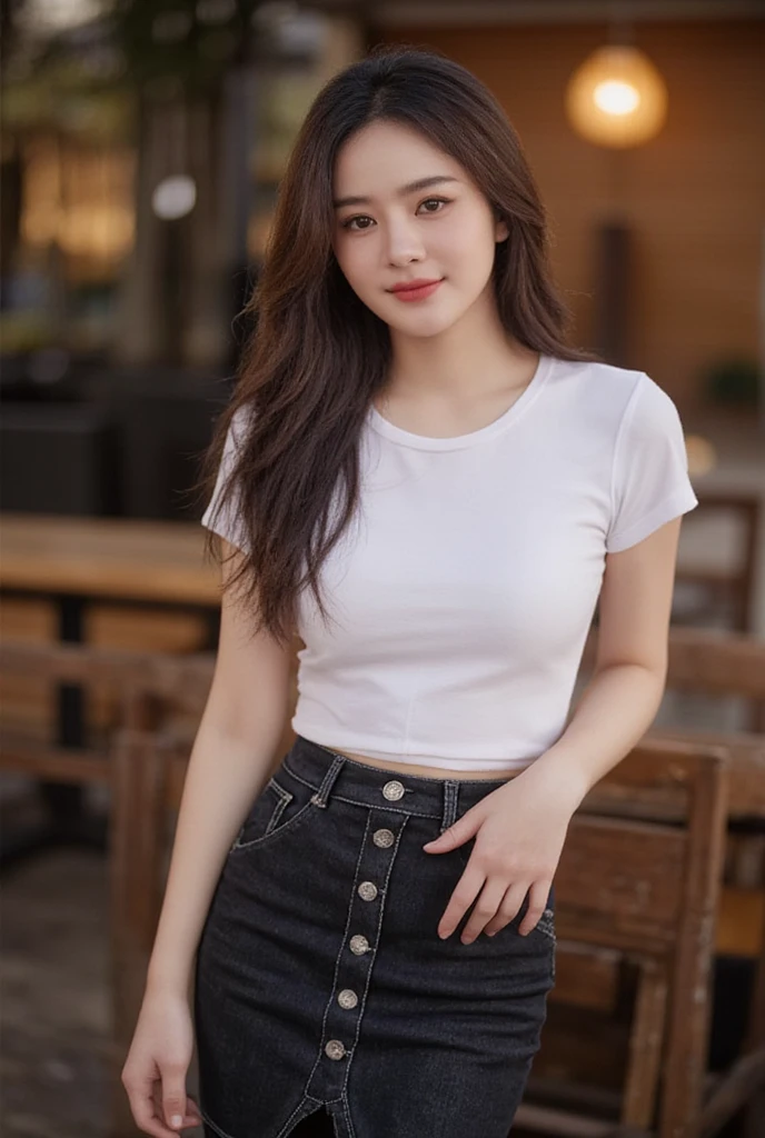 gay girl long hair brunette straight, slender,  medium breasts,  Smirk,  wearing a white round neck T-shirt with short sleeves,  Short black pencil denim skirt  , Random pose ,Standing posture,  Moonlight , Place in the cafe 