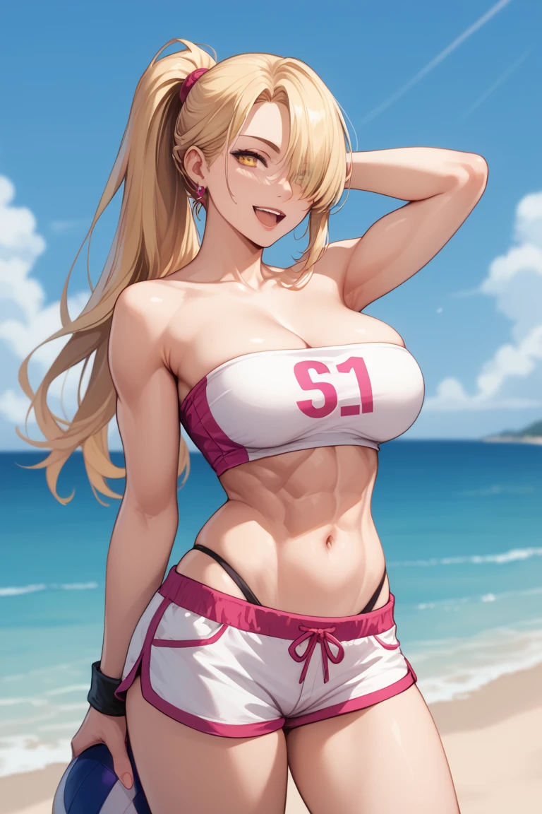 1 , alone,  high resolution,  Long hair,  blonde hair ,  ponytail ,  hair over one eye,  Big breasts ,  hourglass body,  WIDE HIPS,  seductive smile,  Open mouth, Teeth, taken,  yellow-eyed,  simple background ,  white skin ,  Poses sexy, beach background, muscular abdomen.A pink strapless top , simple and minimalist, with the black text "mandraka"  written in black on the central part . O design é liso,  with no additional details or apparent seams ,  highlighting its elegance .
Shorts:  A pink volleyball shorts , adjusted to the body,  without visible seams or decorative elements,  with a plain and simple finish ,