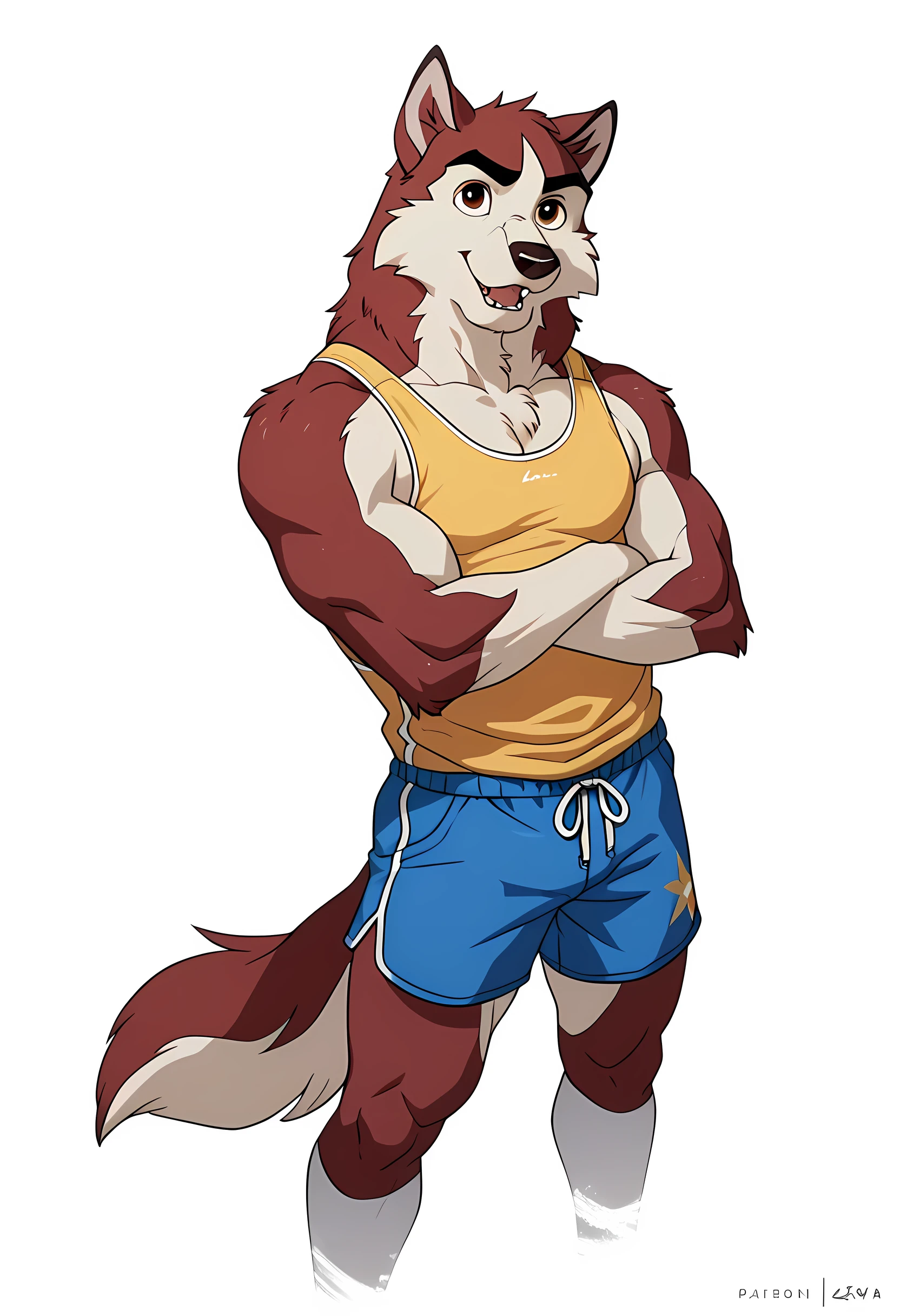 kodiak, husky, solo, detailed, detailed face, detailed eyes, anthro body, male, ((***** adult)), (muscular), cartoon shading, (((flat colors))), wearing wrestling singlet, (no background, white background):1.5, wfa style, above waist, muscular legs