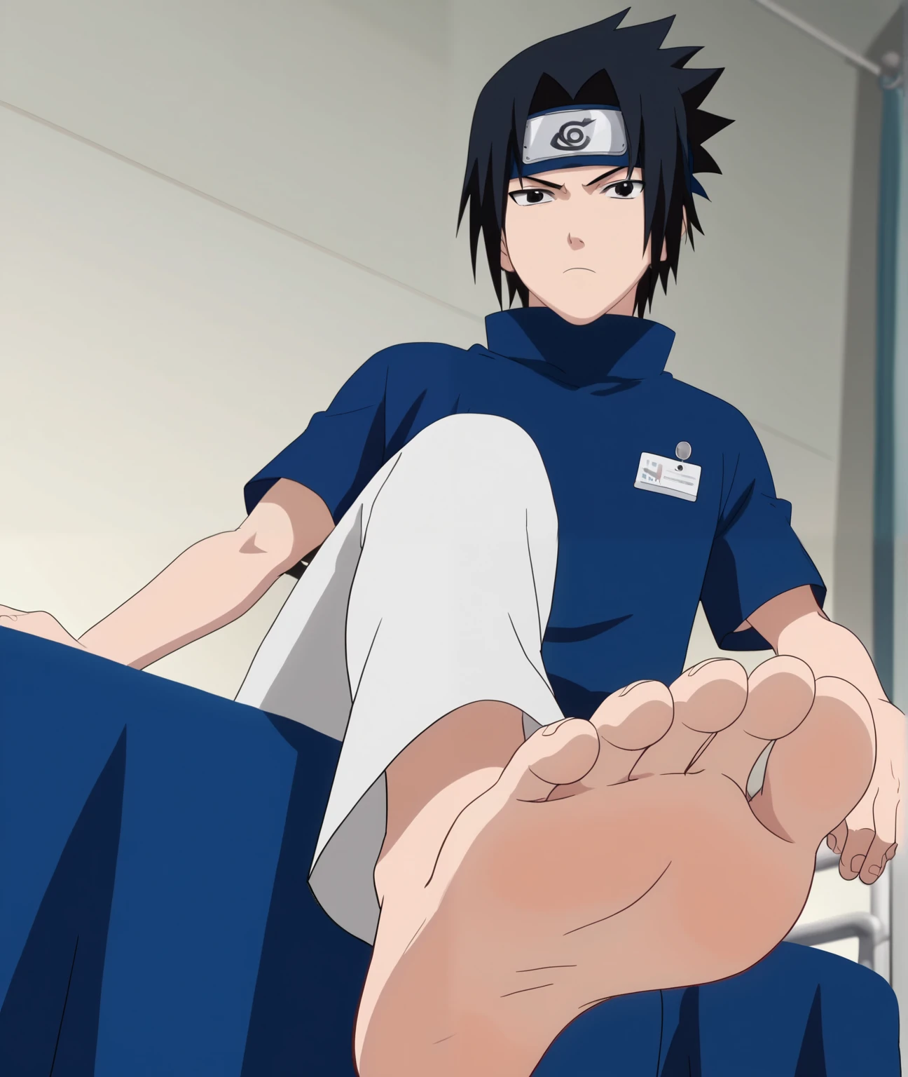 score_9, score_8_up, source_anime,
1boy, Sasuke Uchiha, black hair, short spiky hair, dark eyes, navy blue high-collar shirt, short sleeves, white trousers, alone, looking at viewer, serious expression, sitting in the bed, cowboy shot, ANIME SCREENCAP, anime coloring, in the hospital, barefoot, perfect feet, anatomically correct, soles, low angle, focal length 35mm, each foot has five toes, front, symmetrical soles, foot focus