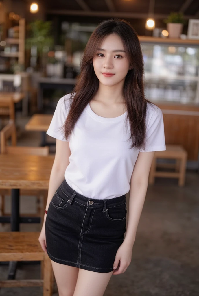 gay girl long hair brunette straight, slender,  medium breasts,  Smirk,  wearing a white round neck T-shirt with short sleeves,  Short black pencil denim skirt  , Random pose ,Standing posture,  Moonlight , Place in the cafe ,Bright color scheme,