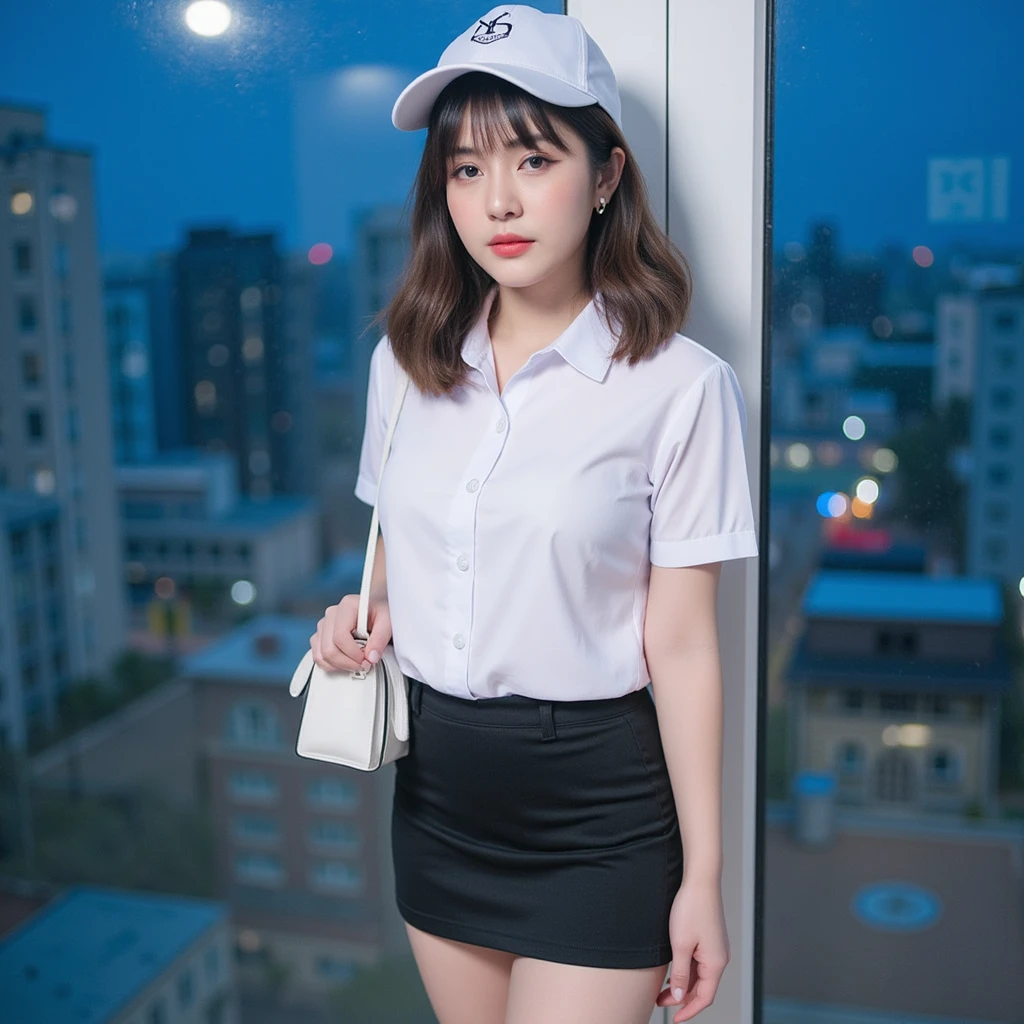 (8k, RAW photo, best quality, mastery:1.3), (realistic, photo-realistic:1.37), (looking viewer:1.331), (white hair), posing, Tokyo street, nightcityscape, cyberpunk city, soft light, 1girl, extremely beautiful face , Perfect body proportions, (small face: 1.1), (enormous breasts :1.2) , casual hairstyle, smile, big eyes, (short sleeves JK_shirt), JK_style, (navy JK_skirt), (bow JK_tie), mix4, detailed eyes