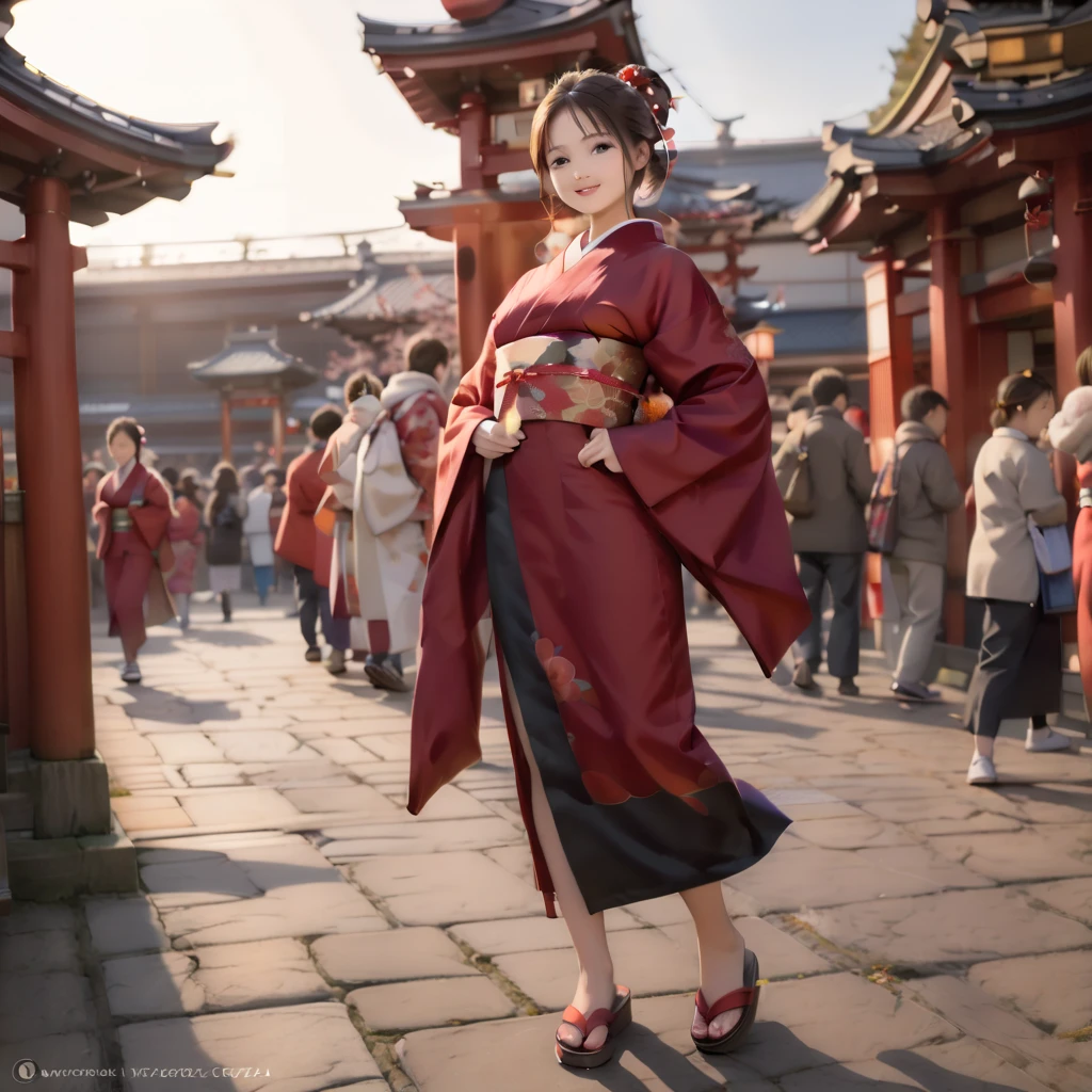 (masterpiece), best quality, expressive eyes, perfect face, youthful babyface young female girl, around (((twelve years old))) in long red kimono, outside, (((crowded temple:1.1))), (((many people around in various warm clothing:1.3))). slide down the kimono's shoulder showing almost flat chested small perky breasts with erect nipples, one hand opens the kimono slit, showing bare legs and pussy, wooden geta sandal. Standing leaning forward seducing, alluring soft smile. high angle front full body view. 