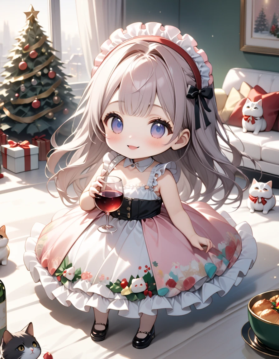 (masterpiece), (ultra-detailed, best quality, clear focus, dramatic scene, cinematic), shadow, (ultra-high resolution, 8k), perfect anatomy, perfect face, (detailed face), (detailed eye), (chibi), cute Japanese chibi girl, famous Japanese chibi idol, very beautiful and cute and cool face, (wearing a cute party dress with frills and ribbon:1.2), Christmas hat, (large breasts), (She is having a Christmas party at home with her cats:1.3), in the stylish apartment room, pastel colored, (gorgeously decorated Christmas trees), some plates of gorgeous Christmas dinner foods are on the table, she is holding a wine glass, vintage red wine bottle is on the table, stylish and cute furnishings, smile, (fat cats are mewing with her:1.2)