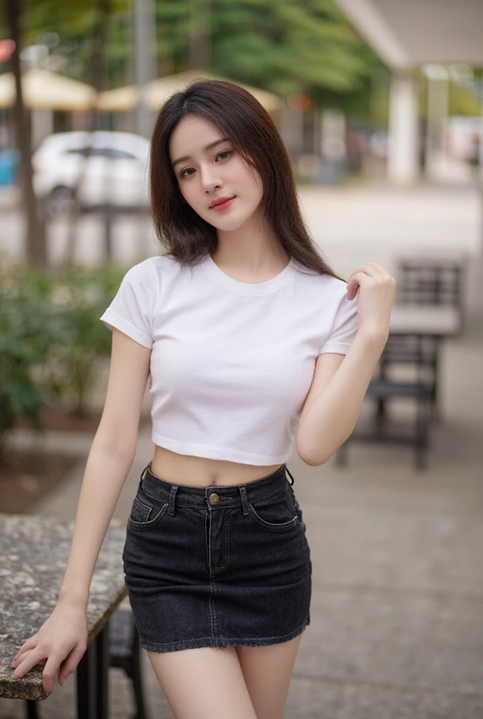 gay girl long hair brunette straight, slender,  medium breasts,  Smirk,  wearing a white round neck T-shirt with short sleeves,  Short black pencil denim skirt  , Random pose ,Standing posture,  Moonlight , Place in the cafe ,Bright color scheme during the day,