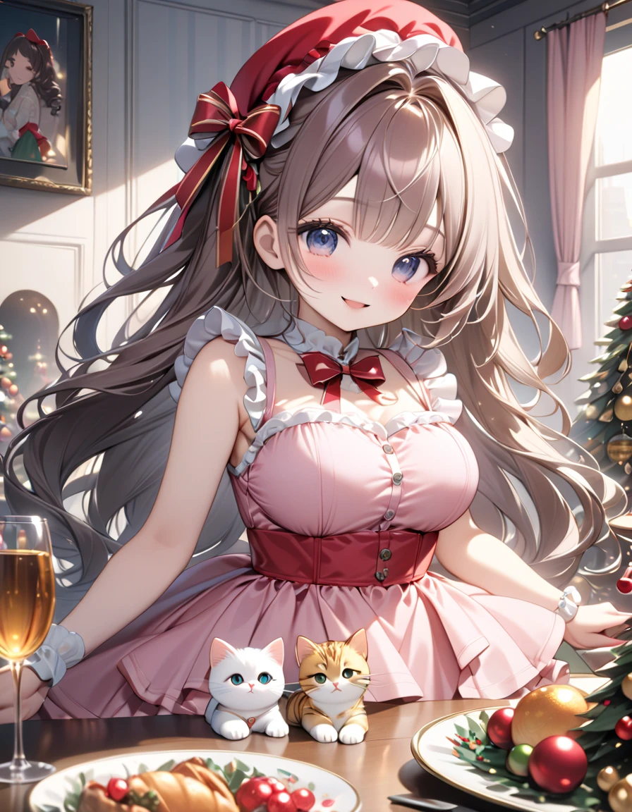 (masterpiece), (ultra-detailed, best quality, clear focus, dramatic scene, cinematic), shadow, (ultra-high resolution, 8k), perfect anatomy, perfect face, (detailed face), (detailed eye), (chibi), cute Japanese chibi girl, famous Japanese chibi idol, very beautiful and cute and cool face, (wearing a cute party dress with frills and ribbon:1.2), Christmas hat, (large breasts), (She is having a Christmas party at home with her cats:1.3), in the stylish apartment room, pastel colored, (gorgeously decorated Christmas trees), some plates of gorgeous Christmas dinner foods are on the table, she is holding a wine glass, vintage red wine bottle is on the table, stylish and cute furnishings, smile, (fat cats are mewing with her:1.2)