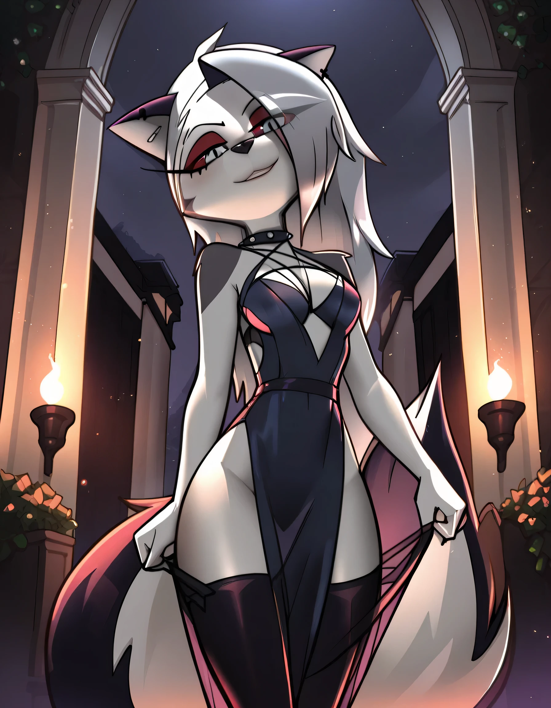 masterpiece, best quality, horny expression, 1girl, solo, anthro, furry, fur, fluffy fur, hellhound, furry, loona \(helluva boss\), medium hair, long tail, clean hair, detailed, head tilt, ager (18 years), medium breast, thick thighs, slim body, (jizoku), score_9, score_8_up, score_7_up, score_6_up, score_5_up, score_4_up, rich purple stockings, night, sexy full dress rich gold, livingroom, standing,