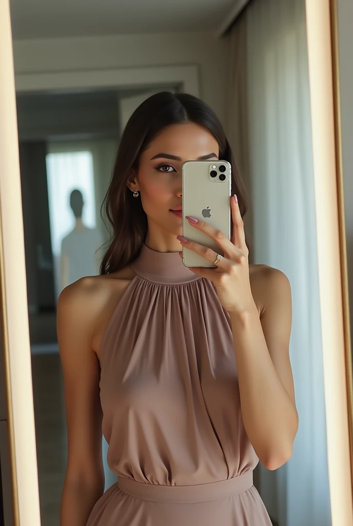 arafed woman with matching t-shirt and panties, sexy girl with brown eyes, portrait sophie mudd, brown hair and large eyes, selfie of a young woman, bedroom eyes, violet myers, with makeup, natural makeup, looking directly at the camera, face with artgram, subtle makeup, stunning full body shot, outside wearing a rolex and having a birkin bag