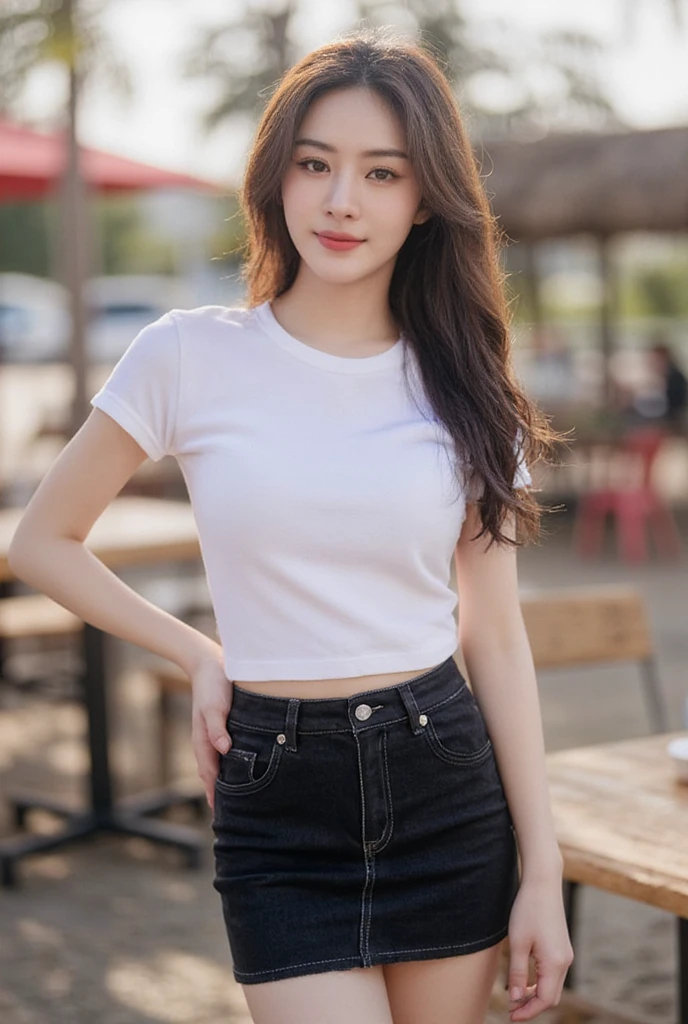 Gay girl with pretty long straight hair , slender,  medium breasts,  Smirk,  wearing a white round neck T-shirt with short sleeves,  Short black pencil denim skirt  , Random pose ,Standing posture,  Moonlight , Place in the cafe ,Bright color scheme during the day,