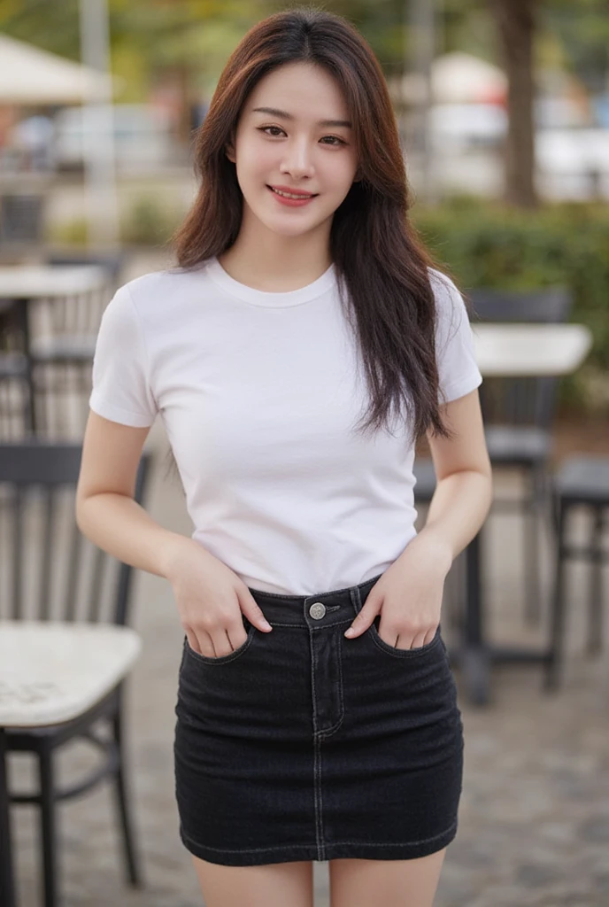 Gay girl with pretty long straight hair , slender,  medium breasts,  Smiling, seeing white teeth,  wearing a white round neck T-shirt with short sleeves,  Short black pencil denim skirt  , Random pose ,Standing posture,  Moonlight , Place in the cafe ,Bright color scheme during the day,