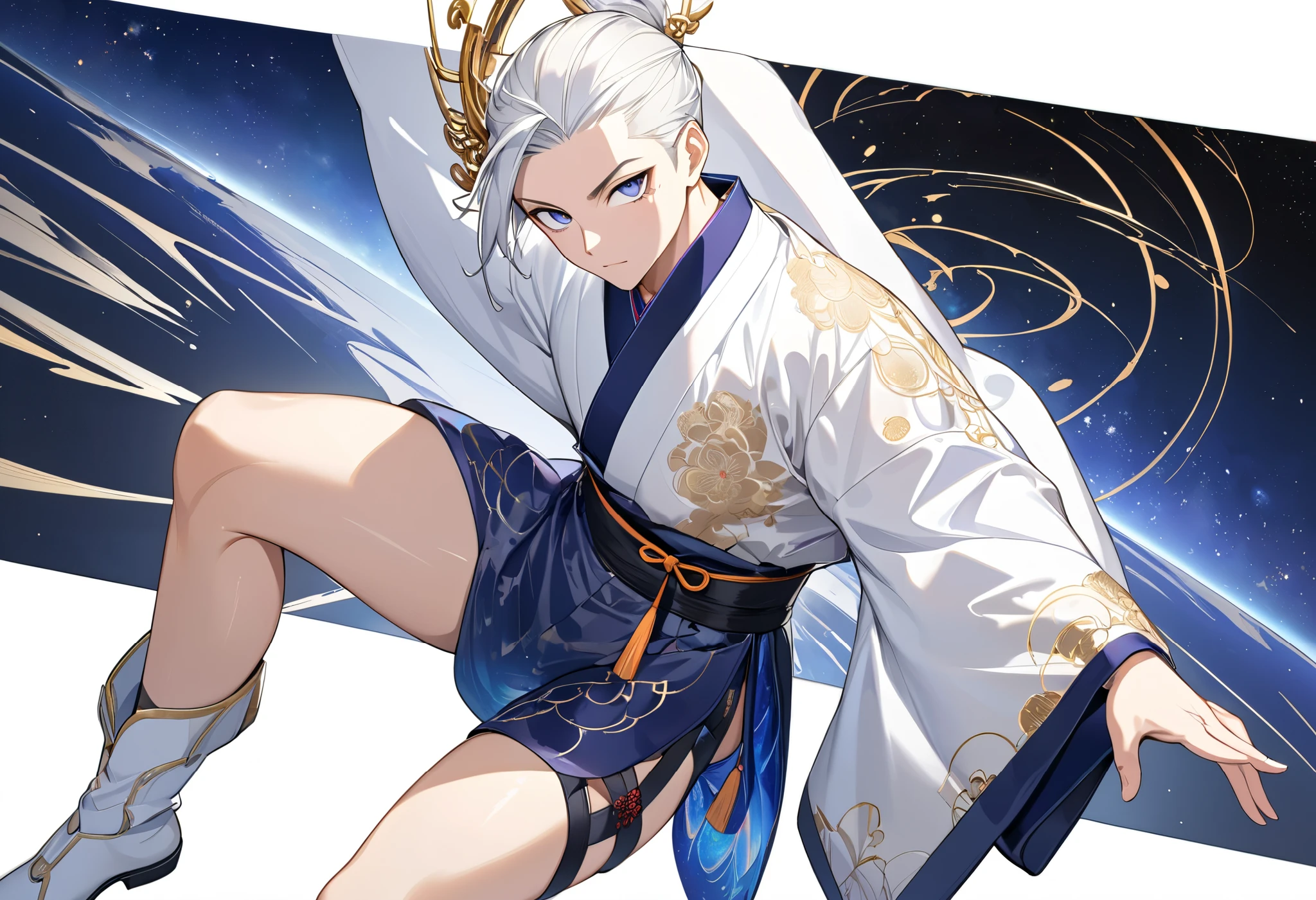 Fresh illustration,
Ultra-fine drawing,
Very delicate illustration,
Very fine details,
One boy,
Full body,
Height 158cm,
Fair skin,
Right eye is purple,
Left eye is blue,
Odd eyes,
Heterochromie iris,
Beautiful eyes,
Large black pupils,
Cleanly cut hairstyle,
Slicked back hairstyle,
Short hair,
Shiny hair,
Blue roots and white hair elsewhere,
Hair with a gradient,
Cute face,
Pretty face,
Slightly dyed cheeks,
Shiny halo on the back of the head,
Raised eyebrows,
Upper body in kimono,
Upper body in traditional Japanese clothing,
Masculine build,
Six pack,
Very small breasts,
No breasts,
Lower body in Chinese dress,
Black obi,
White clothes overall,
Tasteful embroidery with gold thread,
High-quality fabric clothes,
jock straps,
thigh straps,
thigh straps digging into skin,
white long boots,
Japanese style toes,
five fingers on hands and toes,
thin waist,
thin legs,
isometric,
golden ratio,
divine atmosphere,
wearing an indigo-colored stand-up collar inner,
outer space,
galaxy,
countless small stars,
tactical use of shadows,
free pose,
sexy pose,
exposed skin,
naughty pose,
adult pose,
lewd look,
looking at camera,
buttocks facing camera,
pervert,
see-through clothes,
peachy buttocks