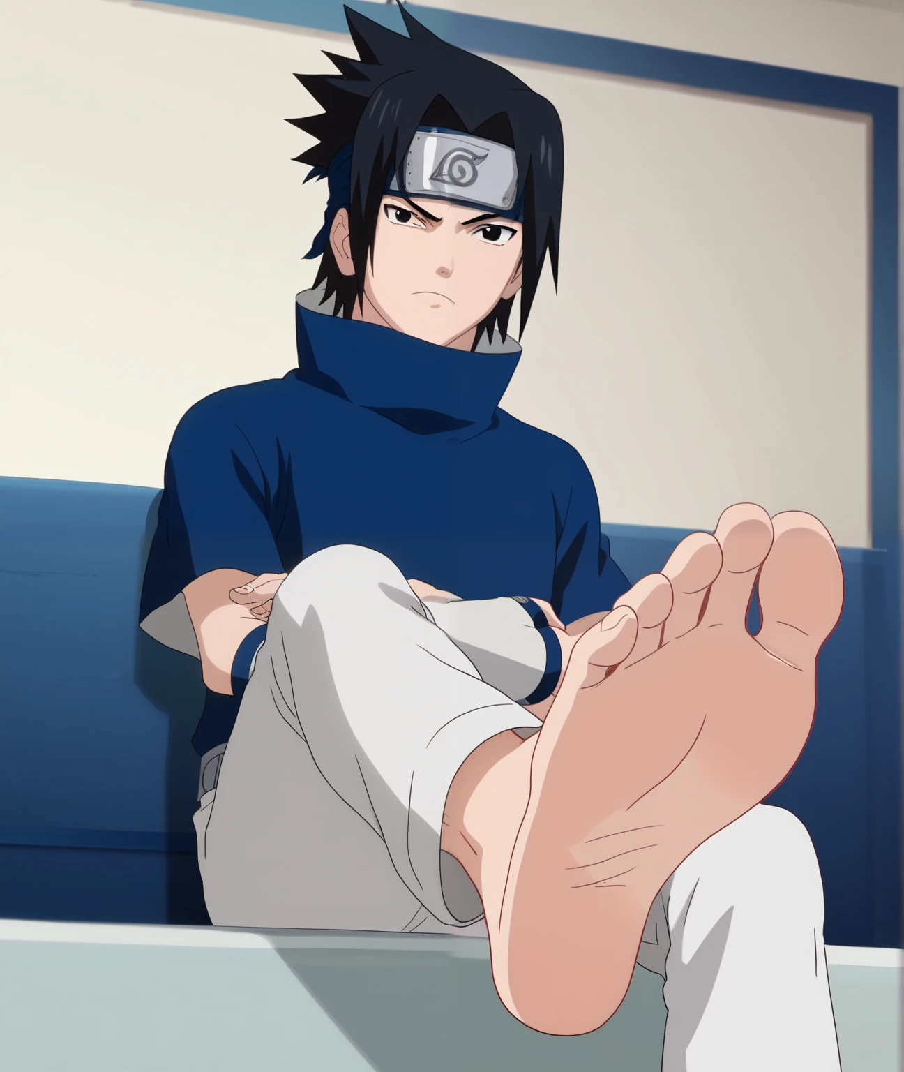 score_9, score_8_up, source_anime,
1boy, Sasuke Uchiha, black hair, short spiky hair, dark eyes, navy blue high-collar shirt, forehead protector, short sleeves, white trousers, alone, looking at viewer, serious expression, sitting in the bed, cowboy shot, ANIME SCREENCAP, anime coloring, in the hospital, barefoot, perfect feet, anatomically correct, soles, low angle, focal length 35mm, each foot has five toes, front, symmetrical soles, foot focus