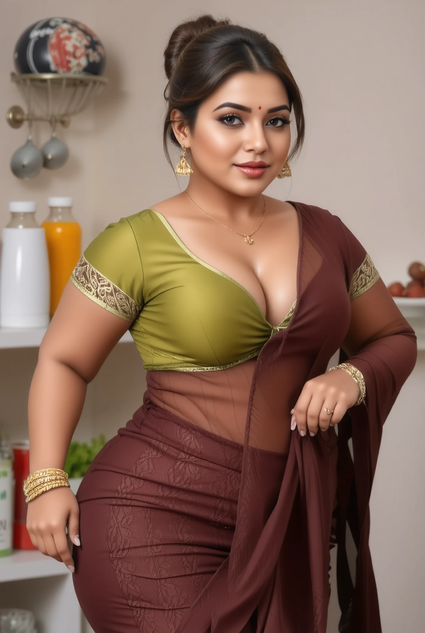 Hd realistic photo of Voluptuous Mature Indian desi Aunty with dusky skin, wearing very deep low neck green shining silk blouse and reflective glossy shining Brown transparent Saree, showing her large  Cleavage and navel,nipples projection over blouse,Red Sindoor on her forehead, Hair messed up, nice curves, standing in a beautiful kitchen,red lips,big breast, huge breast, big ass, huge ass, big thighs, bulging ass, full body image,side view of women, a quarter bavk side view of women only

Her hair is neatly pulled back into a bun. She accessorizes with simple gold jewelry, including a gold chain with a love symbol locket and matching earrings.