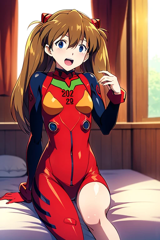 (( top quality )), ((masterpiece)), (be familiar with),  perfect face, indoor, bedroom,  Watching Viewers ,
One woman,  Soryu Asuka Langley,
 open mouth,  ecstatic expression beside the piano, blush, smile,
 small tits,  flat chest, Young girl, Lori,  s,  girl,
 long hair,  twin tails,
Leg spread,