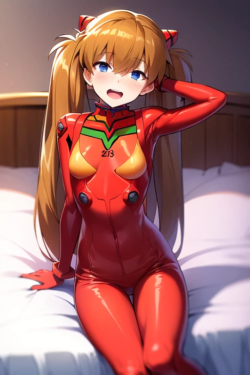 (( top quality )), ((masterpiece)), (be familiar with),  perfect face, indoor, bedroom,  Watching Viewers ,
One woman,  Soryu Asuka Langley,
 open mouth,  ecstatic expression beside the piano, blush, smile,
 small tits,  flat chest, Young girl, Lori,  s,  girl,
 long hair,  twin tails,
Leg spread,