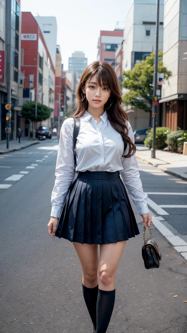 a beautiful 18 year old Japanese high school girl with perfect anatomy, healthy thighs, beautiful legs, beautiful skin, random hair color and style, large breasts, (wearing a Japanese schoolgirl uniform:1.3), (she is standing:1.2), penny loafers, holding a student bag, full body shot, standing on a city street, (best quality,4k,8k,highres,masterpiece:1.3),(extremely detailed:1.2),photorealistic,ultra-detailed,vivid colors, studio lighting, professional, Kyoko Fukada