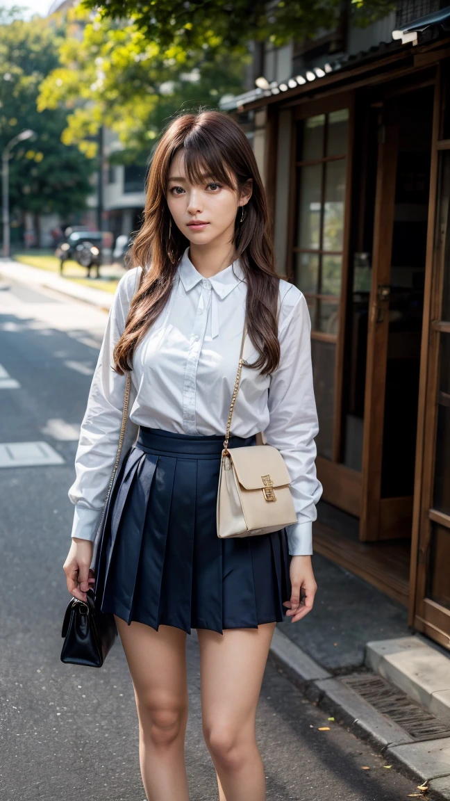 a beautiful 18 year old Japanese high school girl with perfect anatomy, healthy thighs, beautiful legs, beautiful skin, random hair color and style, large breasts, (wearing a Japanese schoolgirl uniform:1.3), (she is standing:1.2), penny loafers, holding a student bag, full body shot, standing on a city street, (best quality,4k,8k,highres,masterpiece:1.3),(extremely detailed:1.2),photorealistic,ultra-detailed,vivid colors, studio lighting, professional, Kyoko Fukada