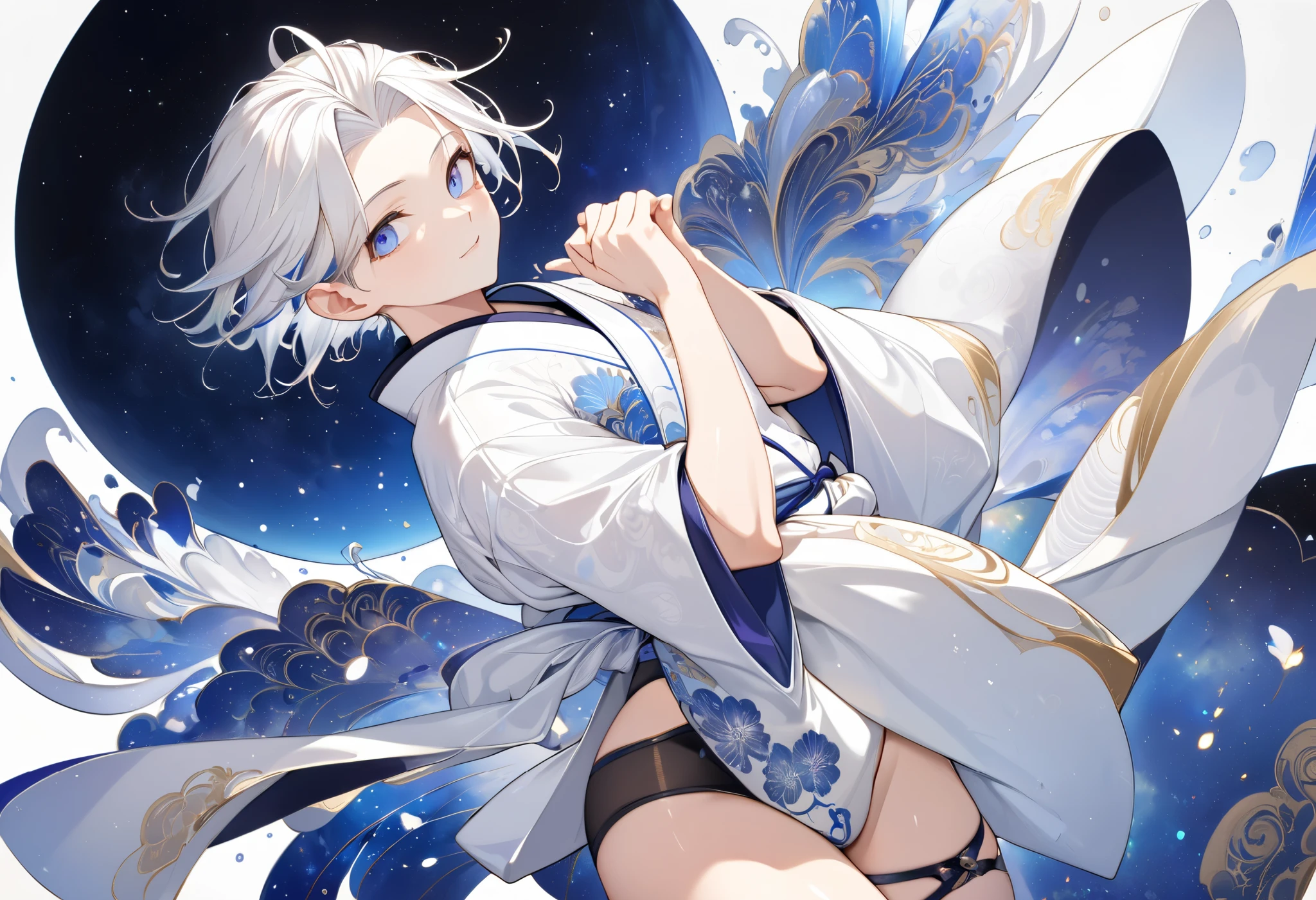 Fresh illustration,
Ultra-fine drawing,
Very delicate illustration,
Very fine details,
One boy,
Full body,
Height 158cm,
Fair skin,
Right eye is purple,
Left eye is blue,
Odd eyes,
Heterochromie iris,
Beautiful eyes,
Large black pupils,
Cleanly cut hairstyle,
Slicked back hairstyle,
Short hair,
Shiny hair,
Blue roots and white hair elsewhere,
Hair with a gradient,
Cute face,
Pretty face,
Slightly dyed cheeks,
Shiny halo on the back of the head,
Raised eyebrows,
Upper body in kimono,
Upper body in traditional Japanese clothing,
Masculine build,
Six pack,
Very small breasts,
No breasts,
Lower body in Chinese dress,
Black obi,
White clothes overall,
Tasteful embroidery with gold thread,
High-quality fabric clothes,
jock straps,
thigh straps,
thigh straps digging into skin,
white long boots,
Japanese style toes,
five fingers on hands and toes,
thin waist,
thin legs,
isometric,
golden ratio,
divine atmosphere,
wearing an indigo-colored stand-up collar inner,
outer space,
galaxy,
countless small stars,
tactical use of shadows,
free pose,
sexy pose,
exposed skin,
naughty pose,
adult pose,
lewd look,
looking at camera,
buttocks facing camera,
pervert,
see-through clothes,
peachy buttocks
