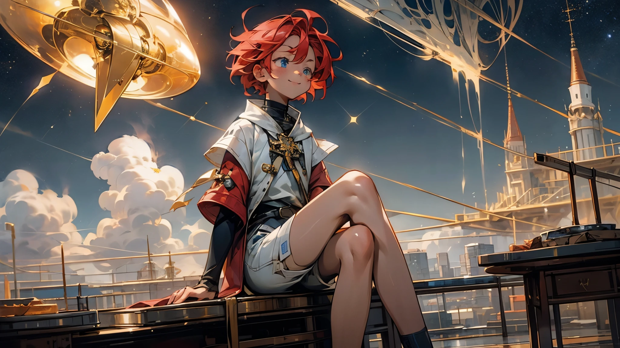  girl１people、Futuristic Building、Golden flying boat、night、真night中、universe、Not a single cloud、 starry sky 、sitting cross-legged、 Looking up at the distant sky 、 Shorthair、 shortcuts、Red Hair Color、 blue eyes、、 boyish 、アジアpeople、smile、 elementary school students、 tan skin 、 I'm thin、Freckles、 white shorts、 white tank top 、 red jacket、 low position、