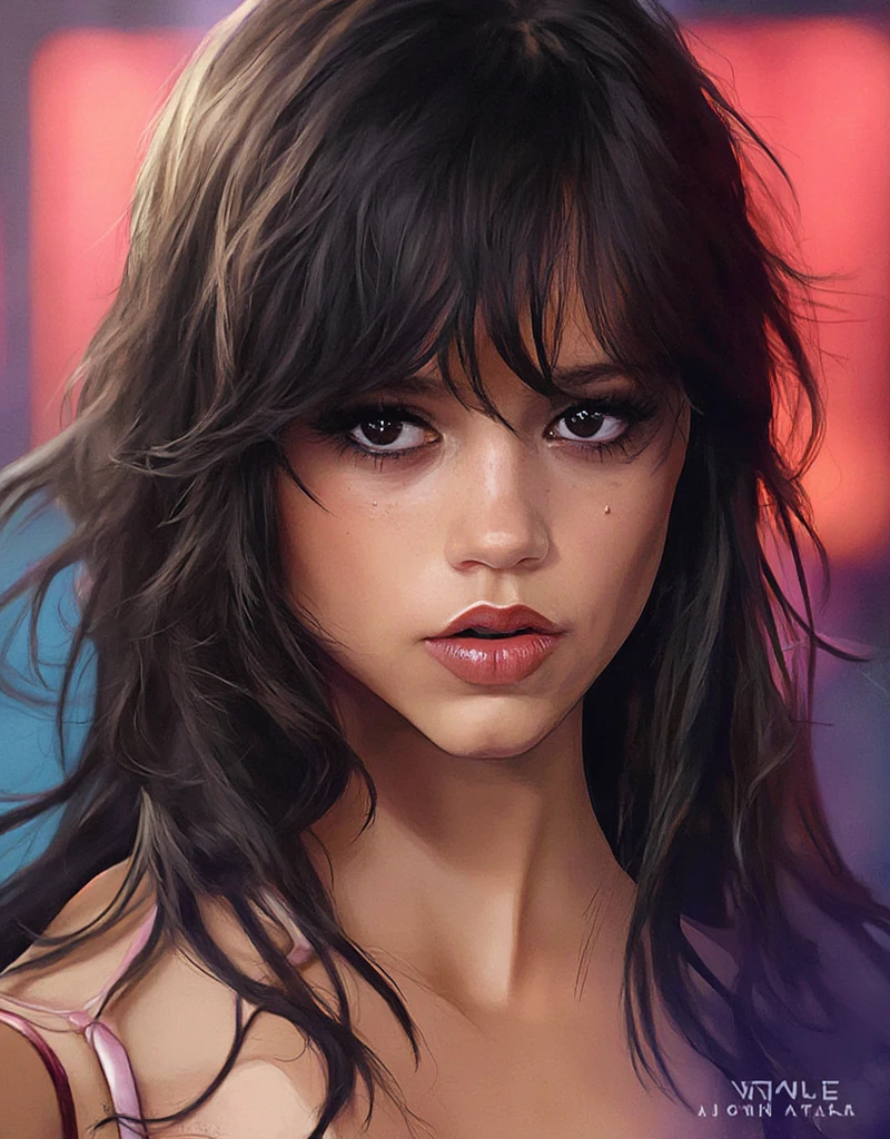 A striking portrait of Jenna Ortega, rendered in a vibrant and stylized photorealistic style reminiscent of a music video cover.  The image features a brunette bombshell with tousled, flowing hair, showcasing, nude, topless, cameltoe, exposed body, 160cm high, short body, pink lingerie and stockings, cameltoe focus, emphasis on panties, thin body body 