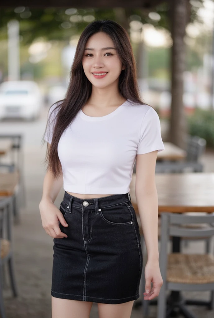 Gay Girl Beautiful Straight Hair , slender,  medium breasts,  Smiling, seeing white teeth,  wearing a white round neck T-shirt with short sleeves,  Short black pencil denim skirt  , Random pose ,Standing posture,  Moonlight , Place in the cafe , Daytime Bright Tones,