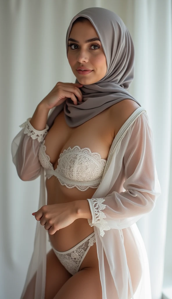 RAW, Best quality, high resolution, masterpiece: 1.3), beautiful Malay woman standing in white colour hijab,Masterpiece, perfect slim fit body, Huge breast,big gorgeous eyes, Soft smile,thick thighs, a woman in a white short flared skirt and white bra , white hijab,beautiful masterpiece, fine details, morning bedroom, Excellent lighting, Bright colors, Clean lines