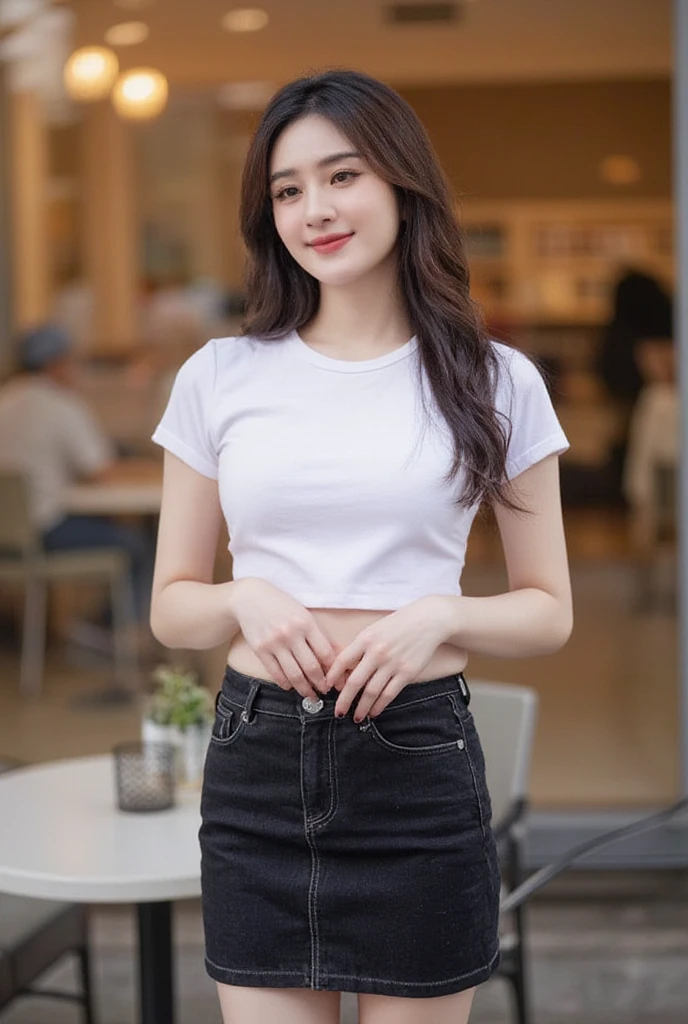 Gay Girl Beautiful Straight Hair, slender,  medium breasts,  Smiling, seeing white teeth,  wearing a white round neck T-shirt with short sleeves,  Short black pencil denim skirt  , Random pose ,Standing posture,  Moonlight , Place in the cafe , Daytime Bright Tones,