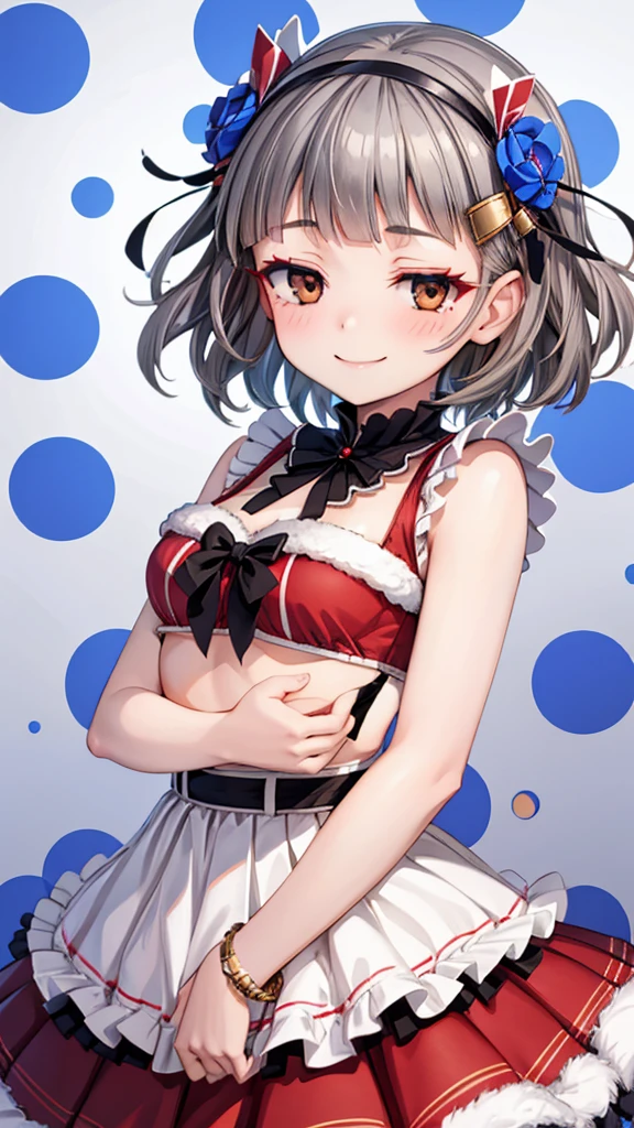 (((solo))), 1 woman, Sakuya Kurobane, sakuyaunif, kurobane_sakuya, (brown eyes), short hair, grey hair, black hairband, blue hair flower, red eyeliner, blush, smile, beautiful chest, medium chest, (upper body), santa claus