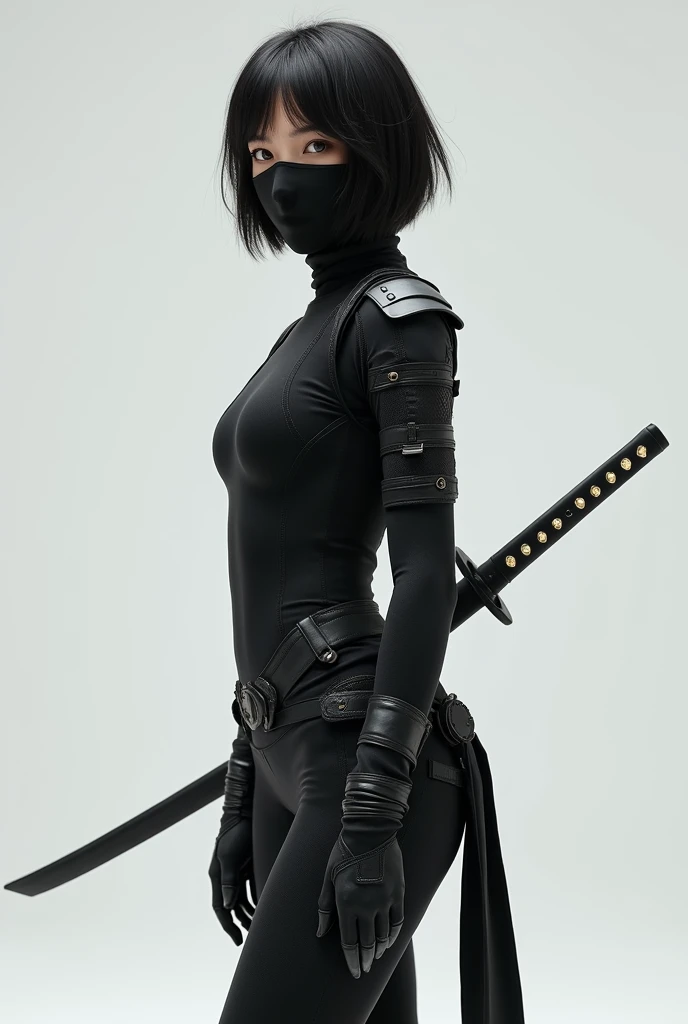 make a beautiful gothic blasian female gunslinger with katanas attached to her back. she has on leather pants, her hair is in a shoulder length bob and she has red eyes.