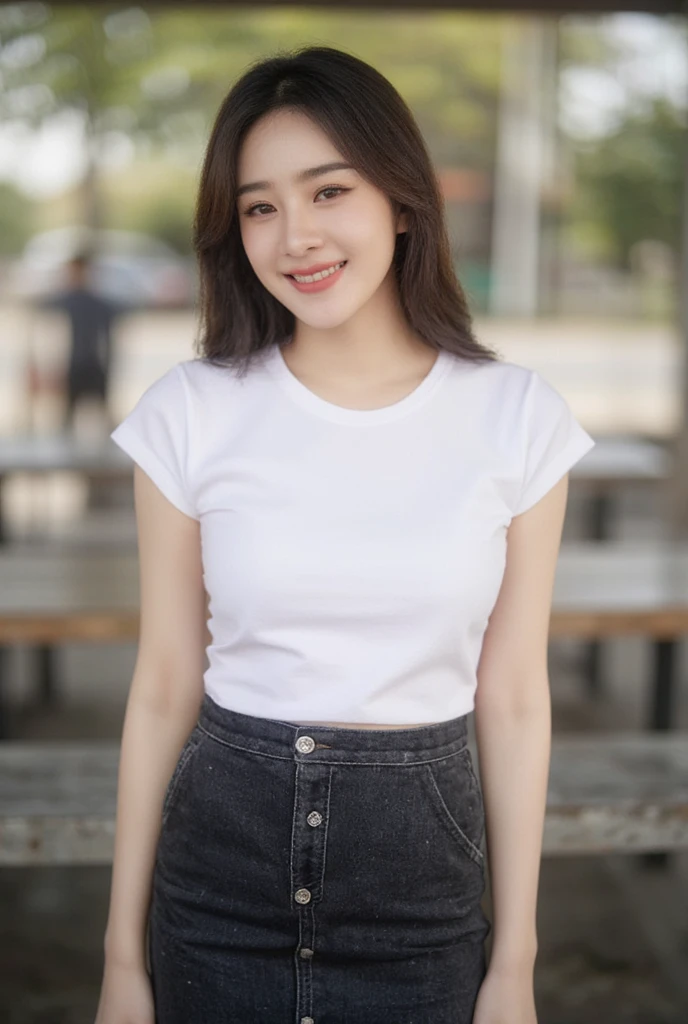 Beautiful Straight Thai Girl, slender,  medium breasts,  Smiling, seeing white teeth,  wearing a white round neck T-shirt with short sleeves,  Short black pencil denim skirt  , Random pose ,Standing posture,  Moonlight , Place in the cafe , Daytime Bright Tones,