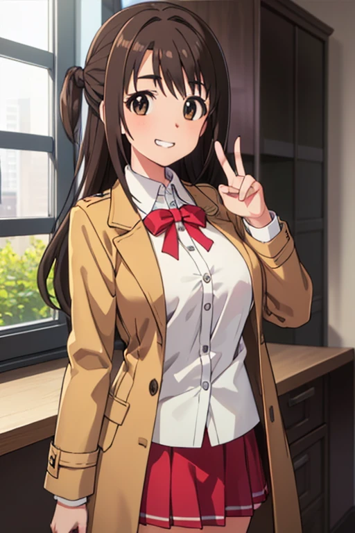 1人の女の子, ソロ, masterpiece, best quality, hyper detailed, beautiful, highres, woman, glad, cheerful grin, standing, making a peace sign, looking at viewer, long hair, side tail, straight hair, brown hair, brown eyes, big eyes, tall, slim, beautiful breasts, long sleeves, coat, mini skirt, hair ribbon, 30-year-old, inside, with a window, in the afternoon, cute, beautiful, upper body