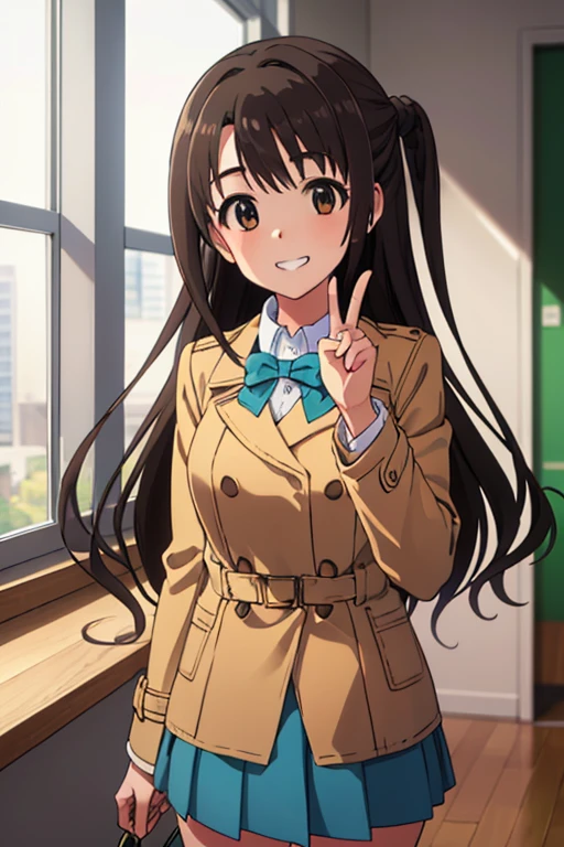 1人の女の子, ソロ, masterpiece, best quality, hyper detailed, beautiful, highres, woman, glad, cheerful grin, standing, making a peace sign, looking at viewer, long hair, side tail, straight hair, brown hair, brown eyes, big eyes, tall, slim, beautiful breasts, long sleeves, coat, mini skirt, hair ribbon, 30-year-old, inside, with a window, in the afternoon, cute, beautiful, upper body