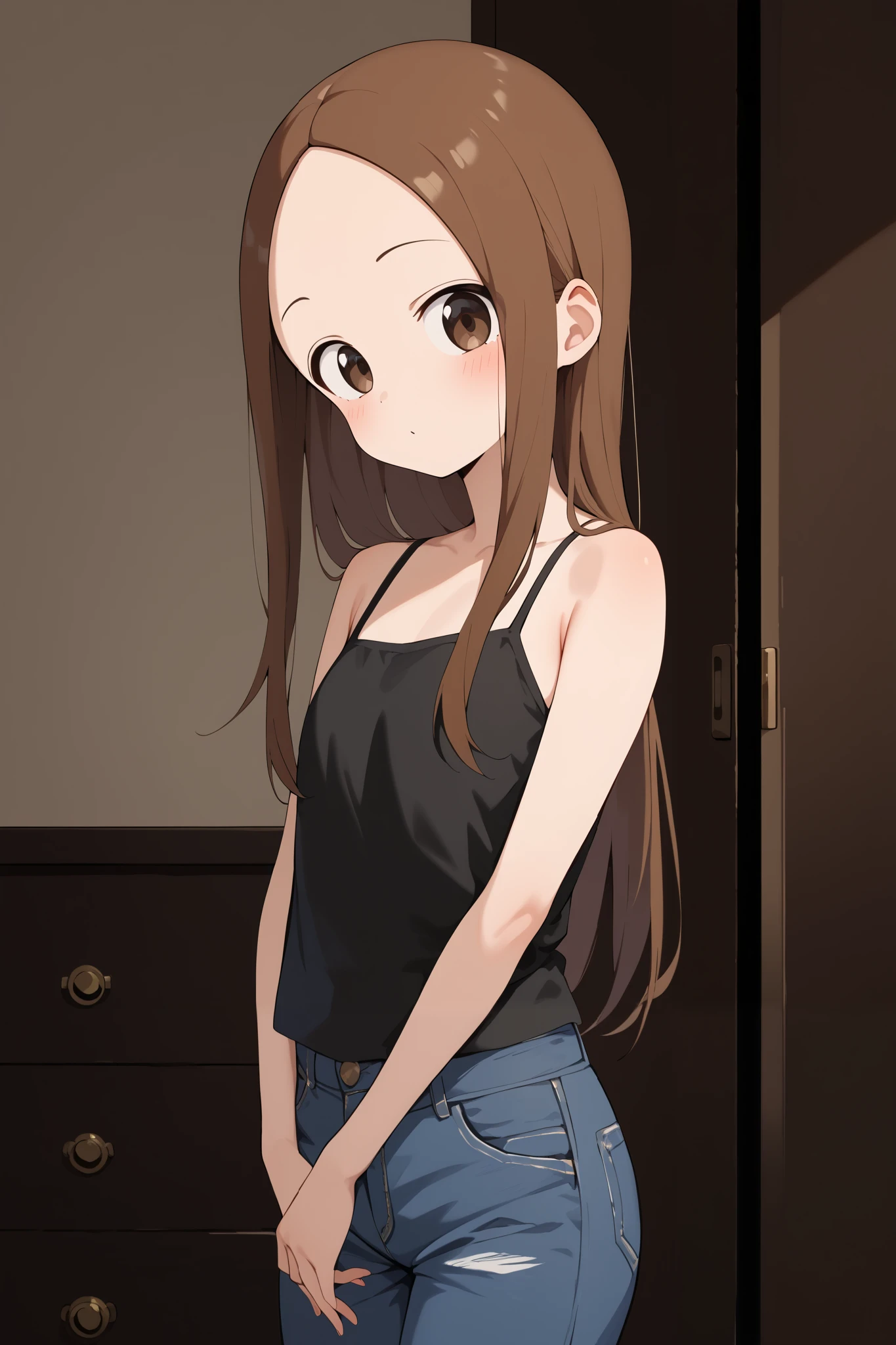 NSFW,masterpiece, top quality , high res, very detailed,Takagi\(からかい上手のTakagi\), long hair、Brown Hair、 split bangs,Forehead、clavicle, camisole,Tight denim skirt