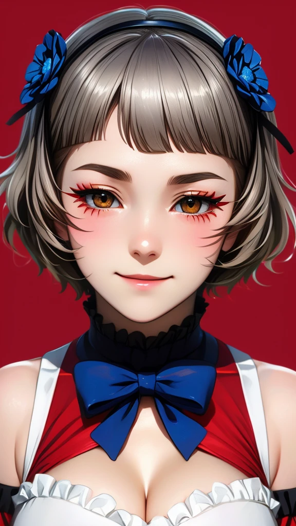 (((solo))), 1 woman, Sakuya Kurobane, sakuyaunif, kurobane_sakuya, (brown eyes), short hair, grey hair, black hairband, blue hair flower, red eyeliner, blush, smile, beautiful chest, medium chest, (upper body), santa claus