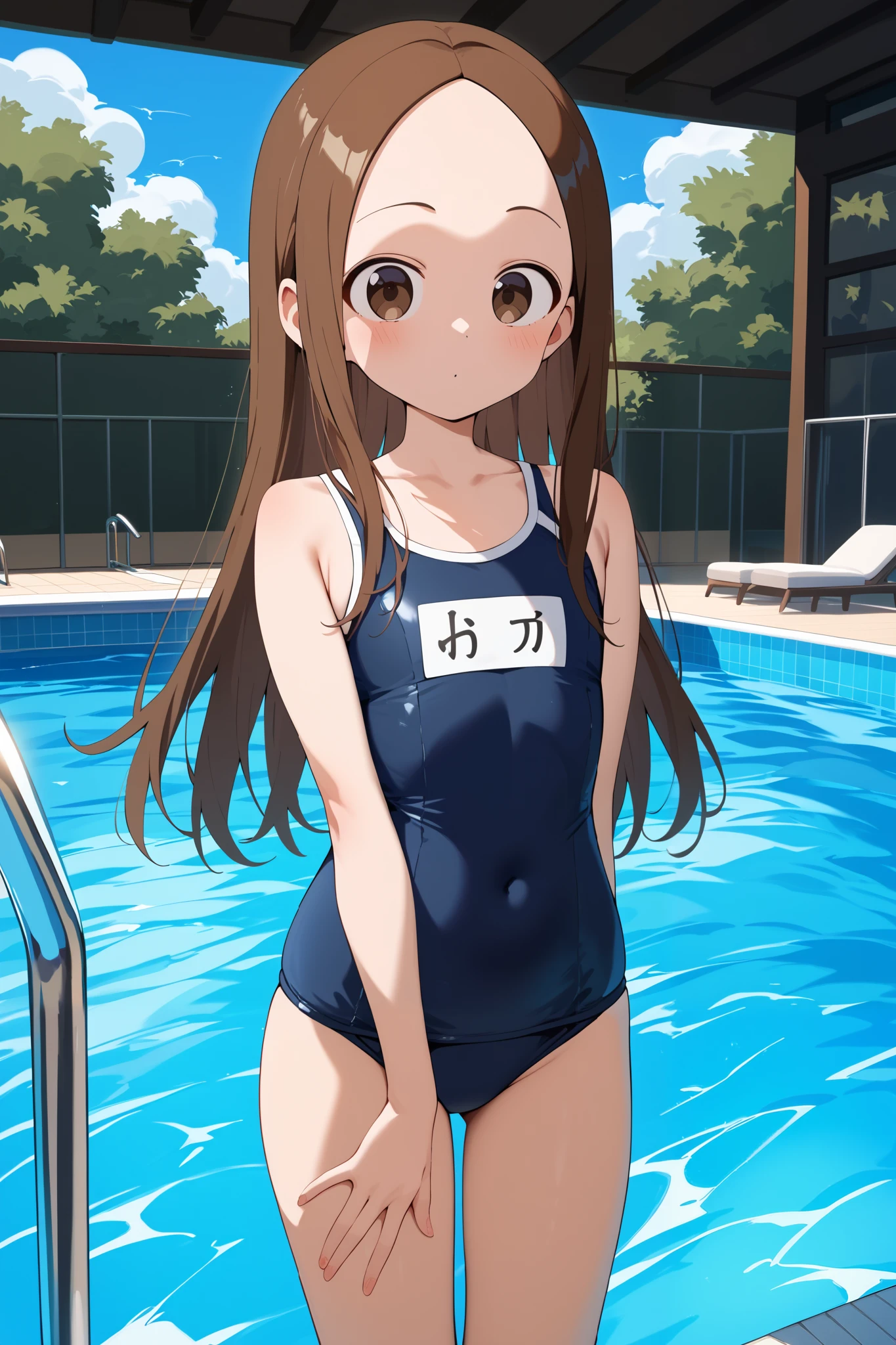 1girl,shimamura uzuki,old school swimsuit,small breast,looking at viewer,smile,closed mouth,pussy,from below,arms behind back,poolside