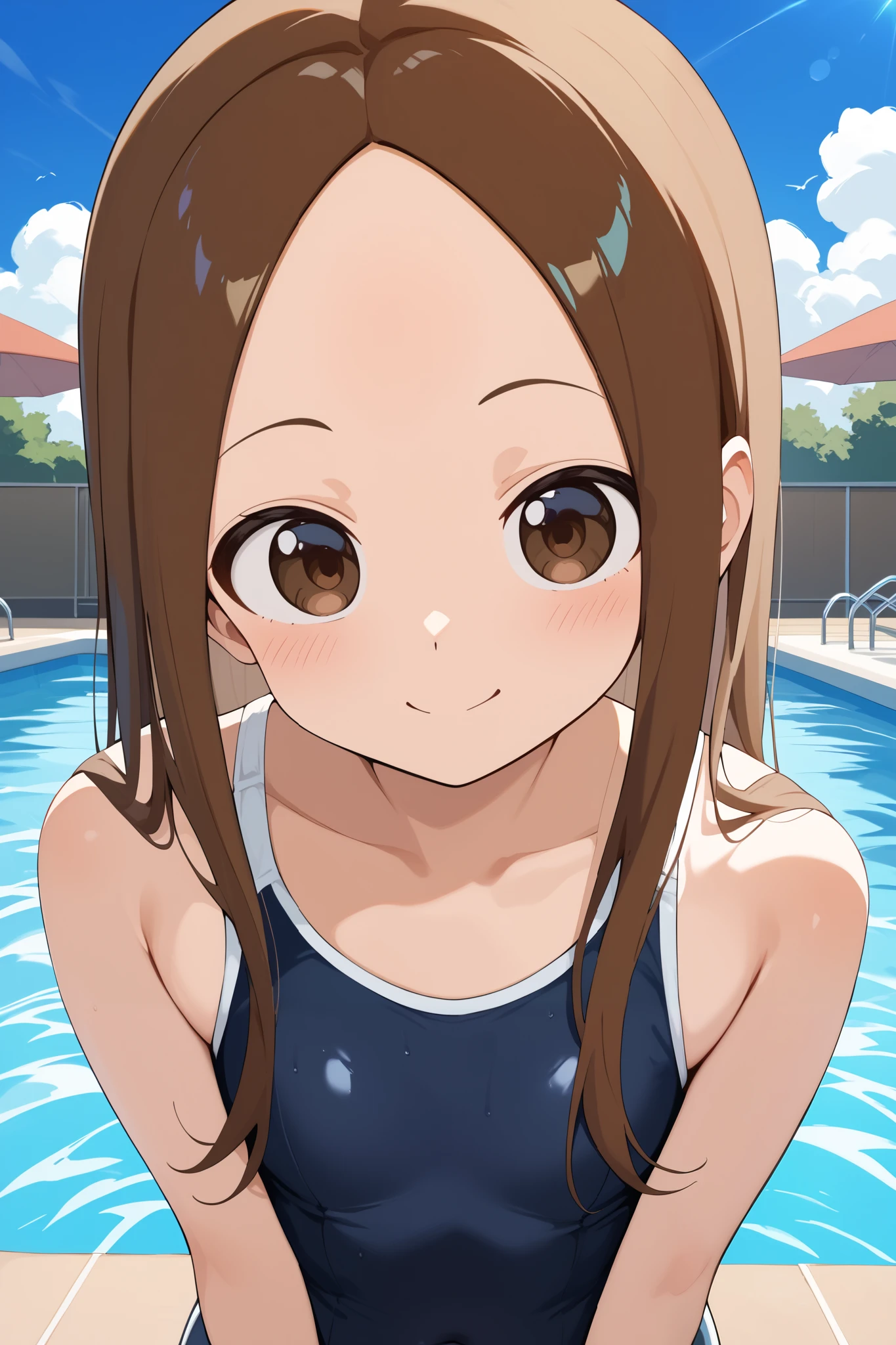 NSFW,masterpiece, top quality , high res, very detailed,Takagi\(からかい上手のTakagi\), long hair、Brown Hair、 split bangs,Forehead、clavicle, school swimsuit,Pool