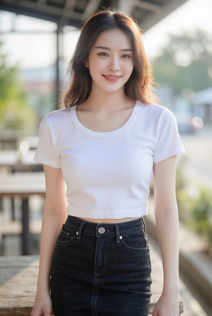  Thai Girl ,Chinese face,Beautiful Straight Hair , slender,  medium breasts,  Smiling, seeing white teeth,  wearing a white round neck T-shirt with short sleeves,  Short black pencil denim skirt  , Random pose ,Standing posture,  Moonlight , Place in the cafe ,Bright color scheme during the day,