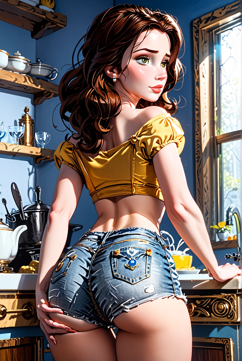 Dark Fantasy Art of score_9, score_8_up, score_7_up, rating_questionable, cinematic film still, fantasy, lighting, epiCPhoto 1girl, solo, very sexy (Belle , brown hair, medium hair, Belle , 1girl, shorts, wearing sexy jean shorts and yellow crop top:1.2), midriff, narrow waist, wide hips, (hands on butt, butt lift:1.3), in the kitchen, beautiful, graceful, elegant, flirt, gaze, sexy look, half-closed eyes, head tilt, filled lips, thick lips, makeup, modelling shoot, beautiful scene, highly detailed, detailed eyes, detailed face, absurdres, 4k, masterpiece, best quality, dark, moody, dark fantasy style, (dimly lit:1.4), highly detailed background, anatomically correct, perfect anatomy, (rear view:1.4), low angle, looking at penis, before sex, dildo under her ass, before sex, 