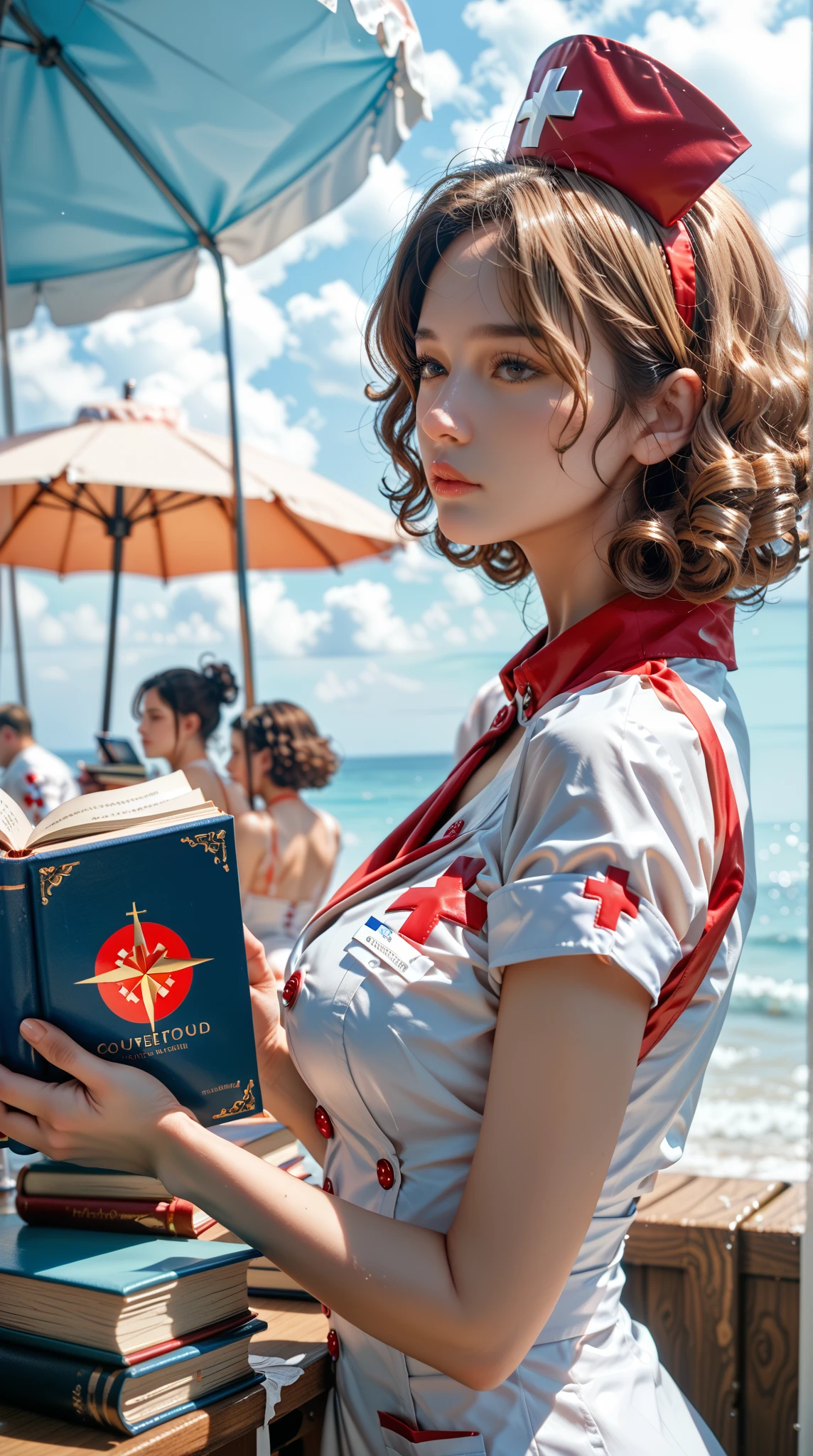  best quality,high度详细,masterpiece, super detailed,illustration,Big boobs,bisoujo ,No_humans,bare arms,Book,seaside,gorgeous,partly cloudy,arched_back,blond,color,photo,Smell ,seiza,Nurse hat, randomly distributed clouds ,high,  curly bob haircut ， fitted black sexy nurse suit,White_大腿high, Sleepy ,Hair ears ,, backlighting at dusk ，Ice and fire method