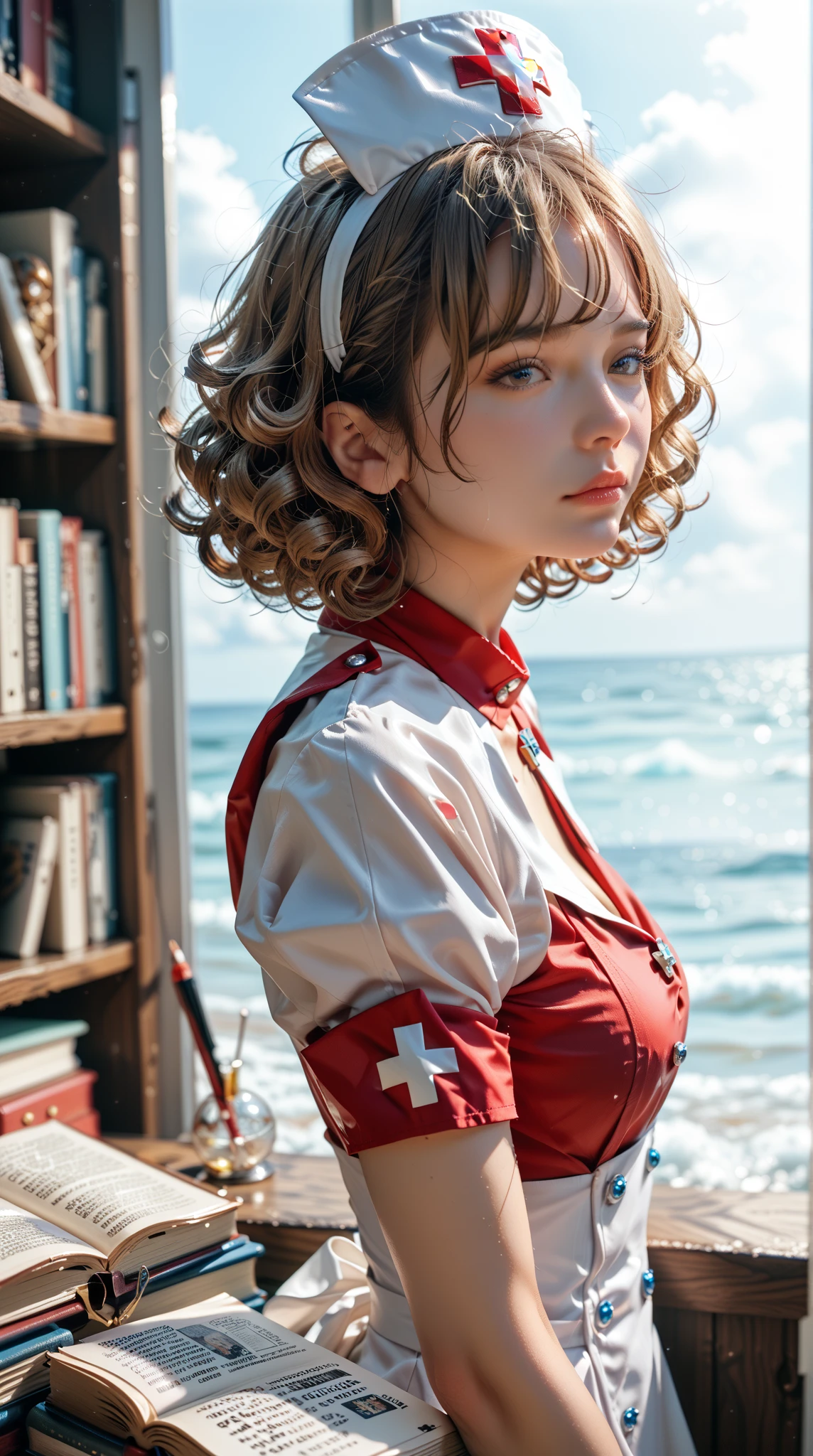  best quality,high度详细,masterpiece, super detailed,illustration,Big boobs,bisoujo ,No_humans,bare arms,Book,seaside,gorgeous,partly cloudy,arched_back,blond,color,photo,Smell ,seiza,Nurse hat, randomly distributed clouds ,high,  curly bob haircut ， fitted black sexy nurse suit,White_大腿high, Sleepy ,Hair ears ,, backlighting at dusk ，Ice and fire method